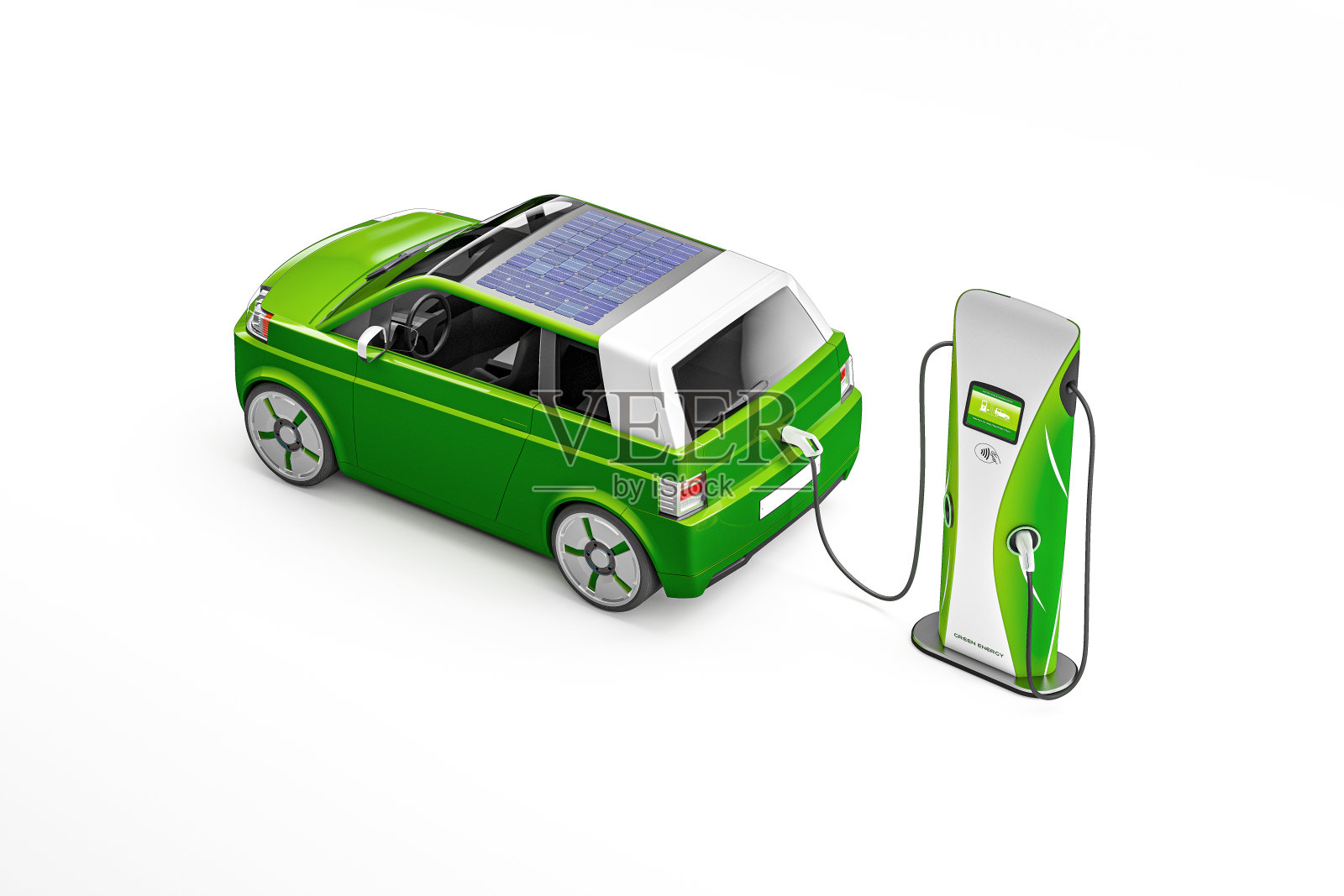 绿色能源的概念。绿色汽车孤立在白色背景。高角度视图照片摄影图片