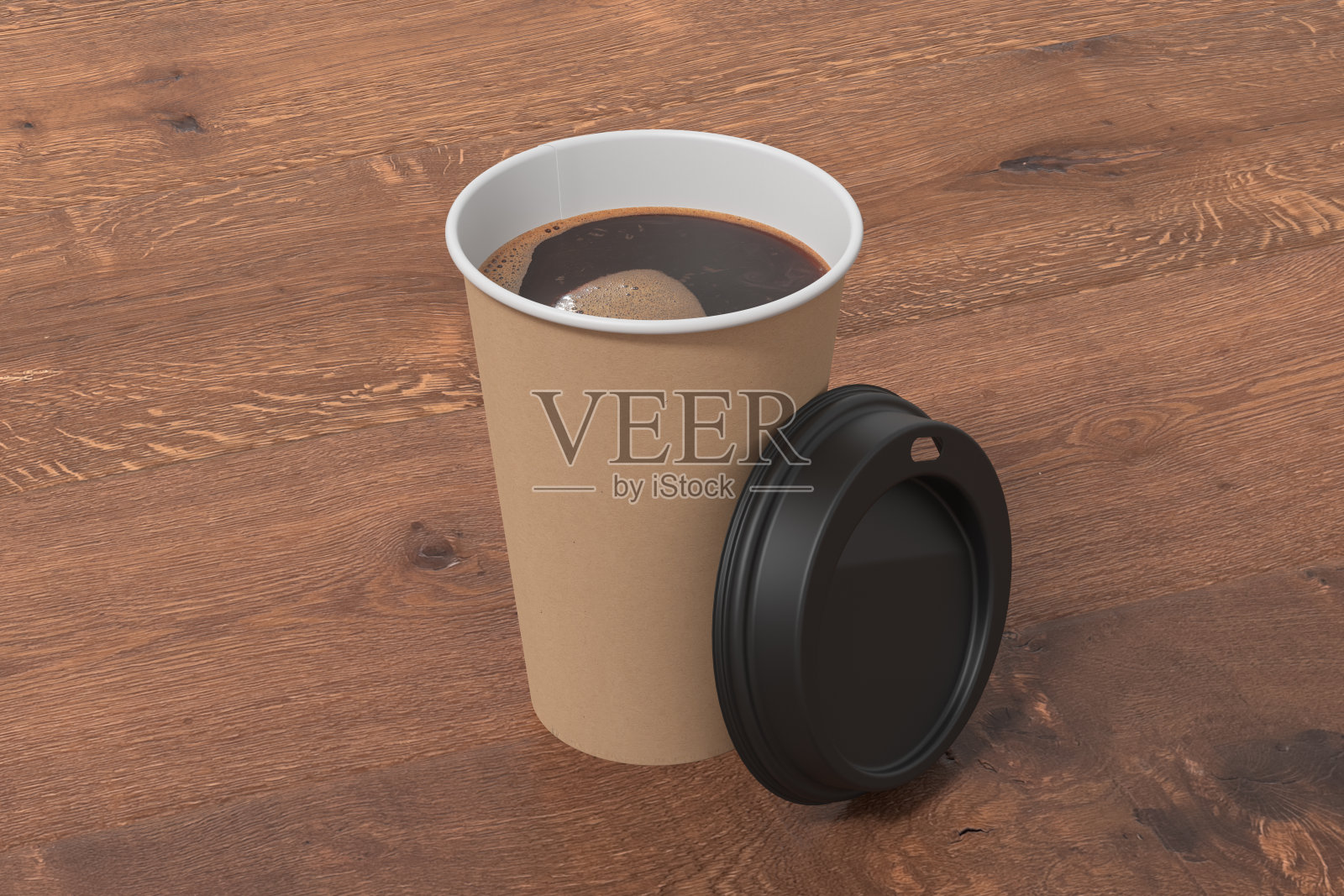 硬纸板带走咖啡纸杯模型与打开的黑色盖上木制背景。照片摄影图片