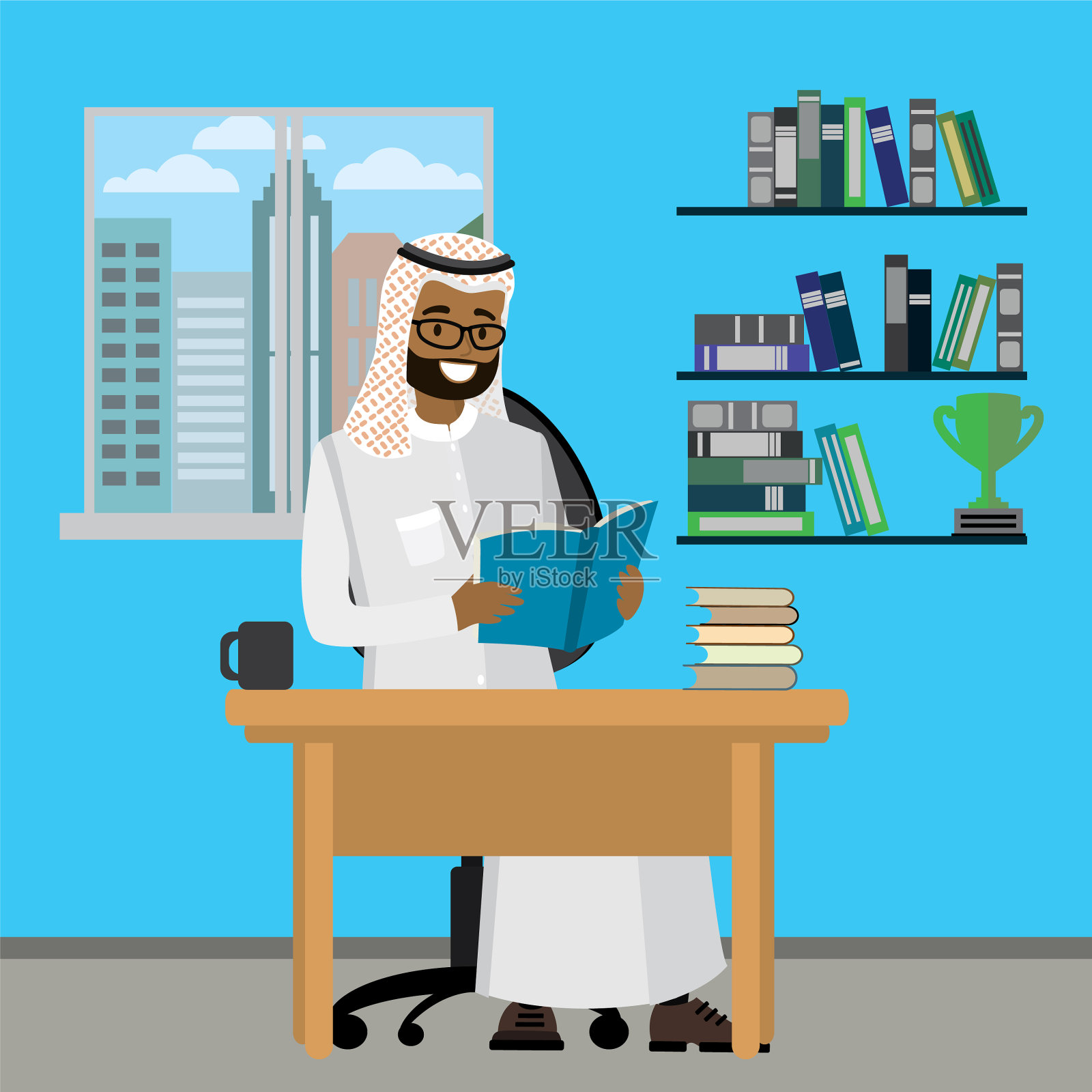 卡通阿拉伯人看书室内设计插画图片素材