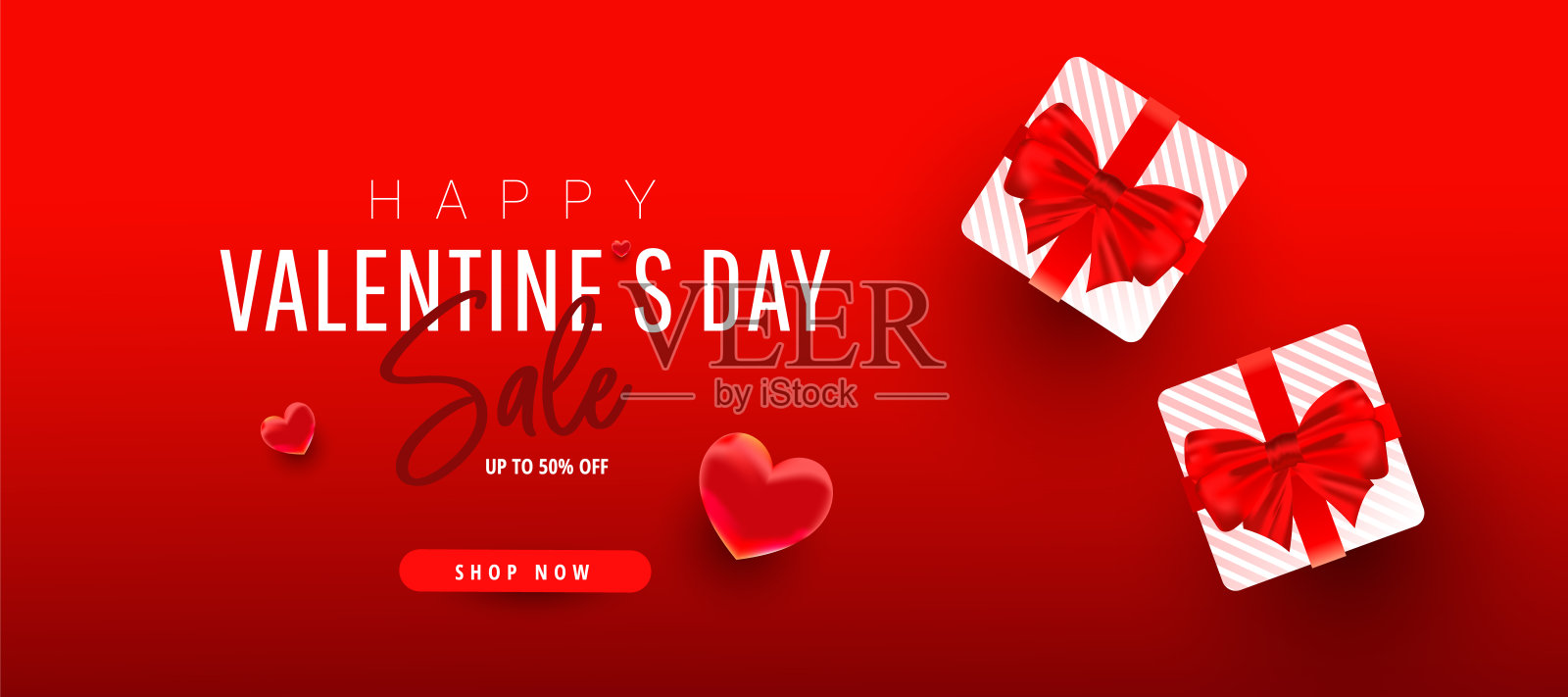 情人节促销最小促销横幅与礼物盒和爱的形状在红色的背景设计模板素材