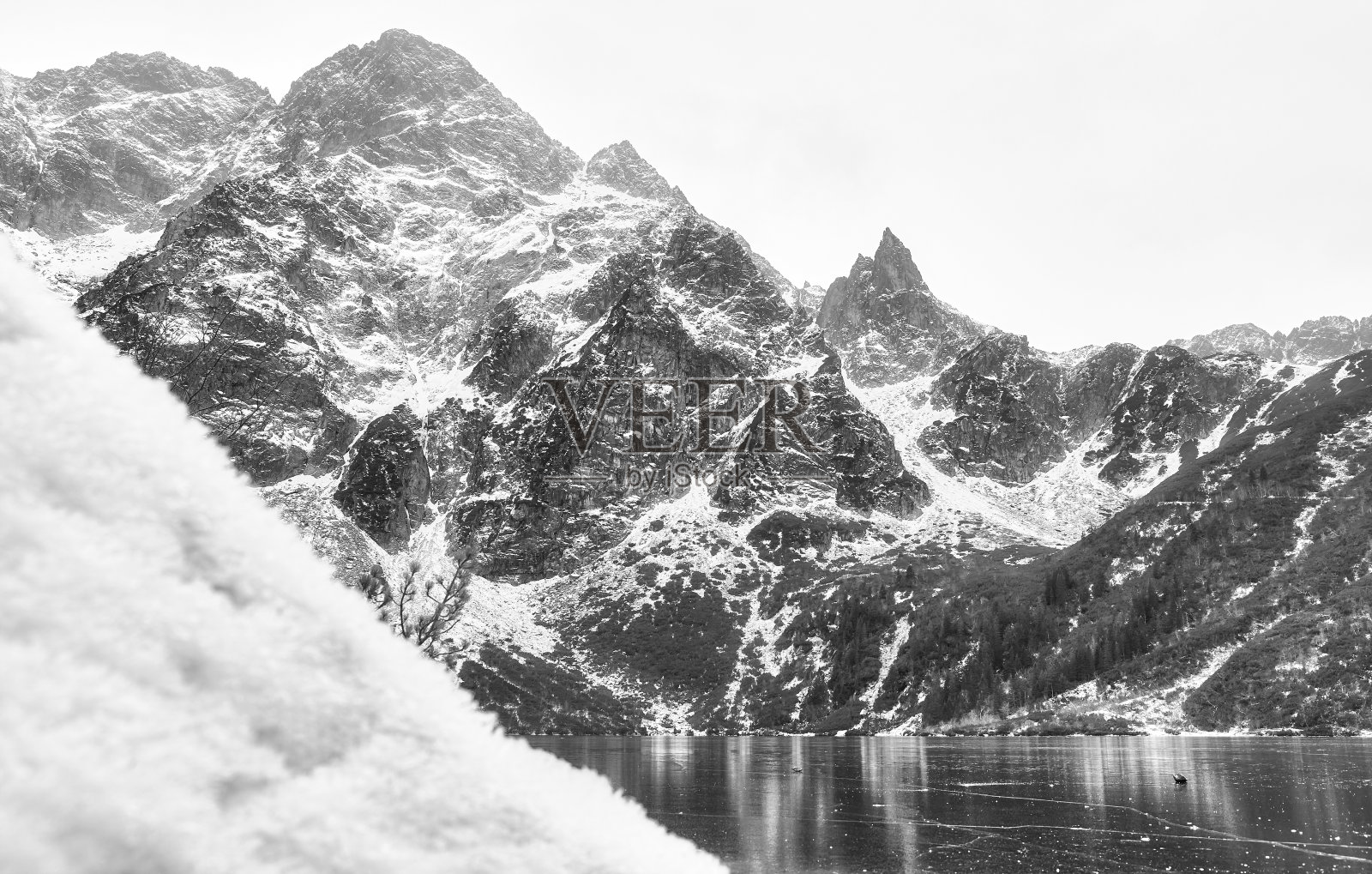 波兰冬季塔特拉山脉的黑白照片。照片摄影图片