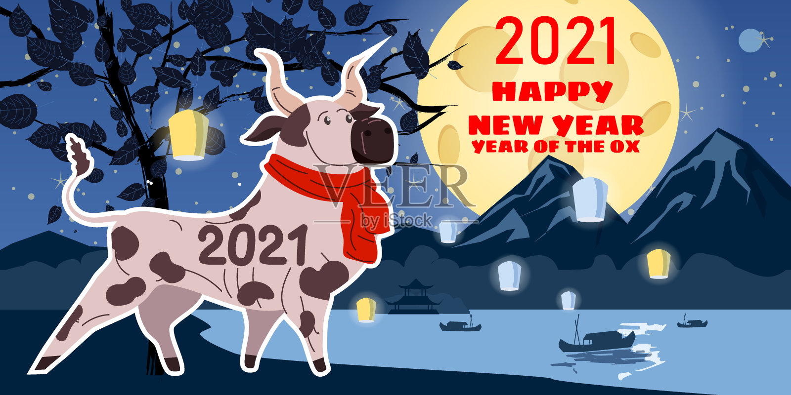 祝中国2021年新年贺卡快乐。牛年。可爱的公牛与红围巾的背景晚上中国亚洲景观盛开的树花，中国生肖象征传统节日卡通人物。矢量插图海报横幅插画图片素材