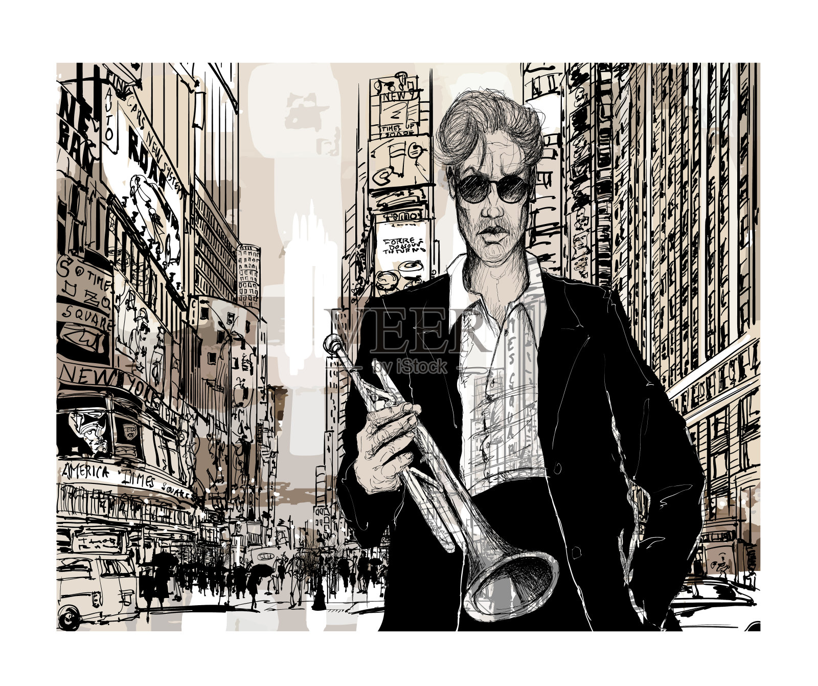 在纽约举着小号的爵士音乐家插画图片素材