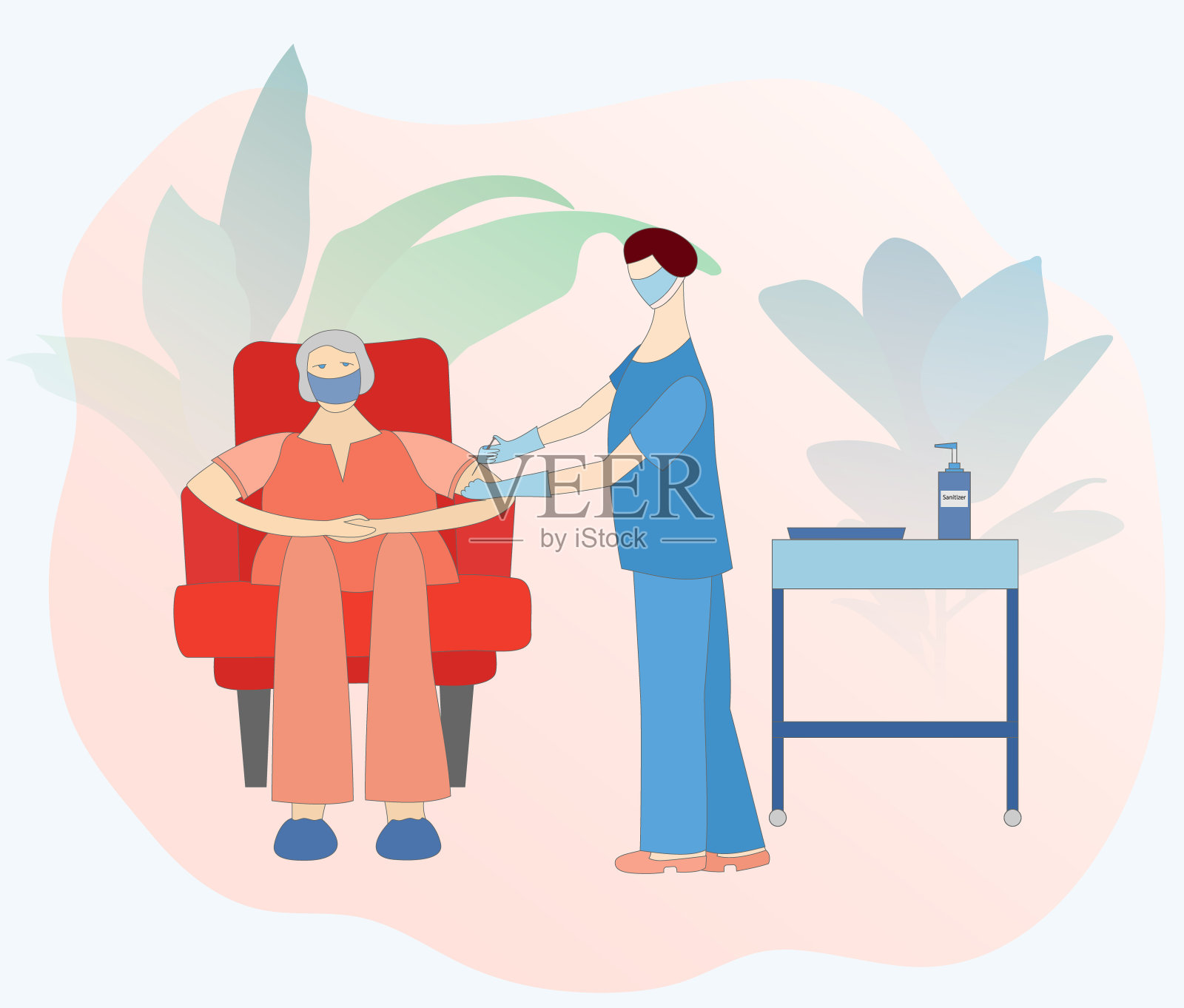 老年妇女肩部注射疫苗插画图片素材