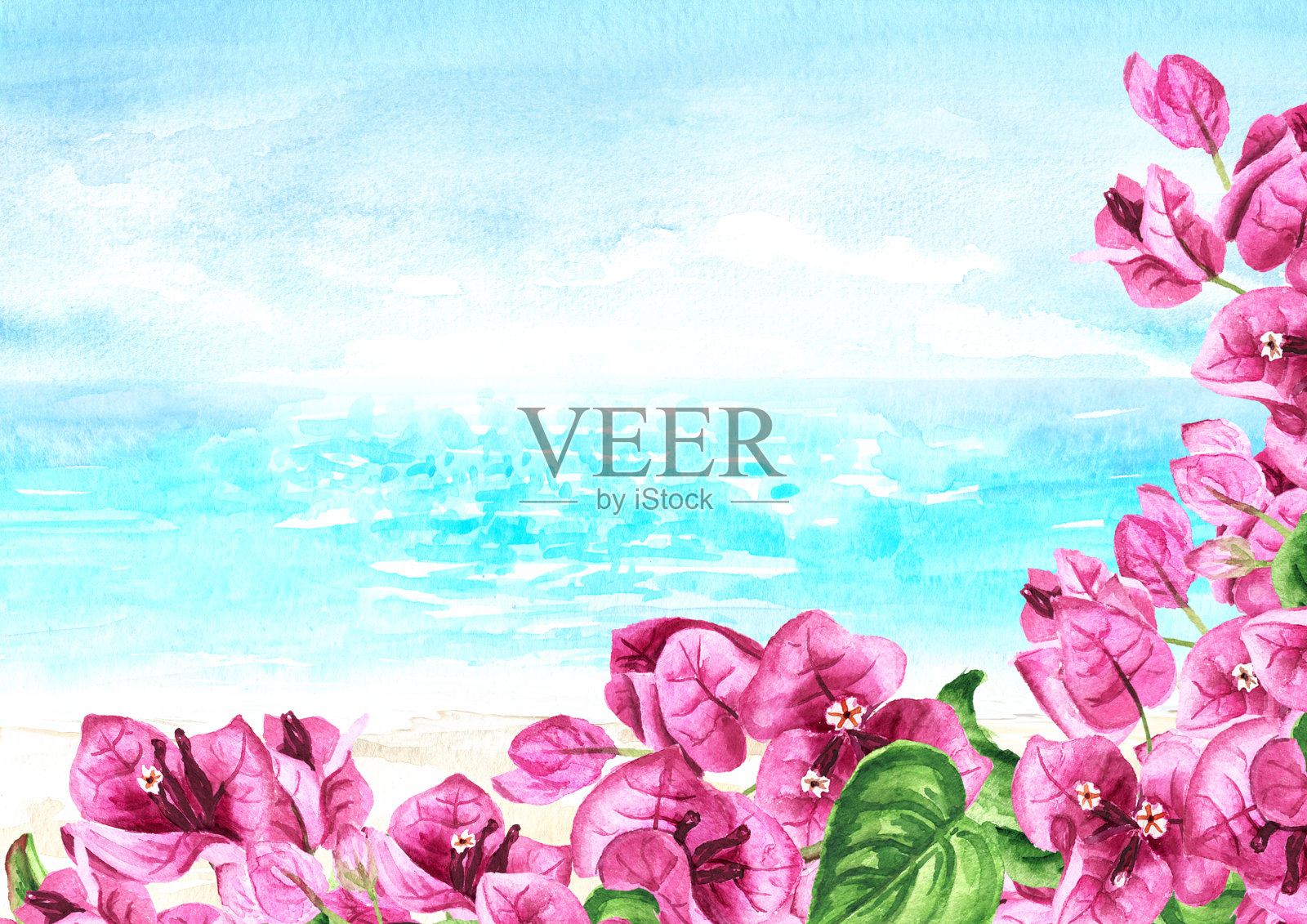 粉红色的九重葛枝叶相框，大海与蓝天相映衬。手绘水彩插图和背景插画图片素材