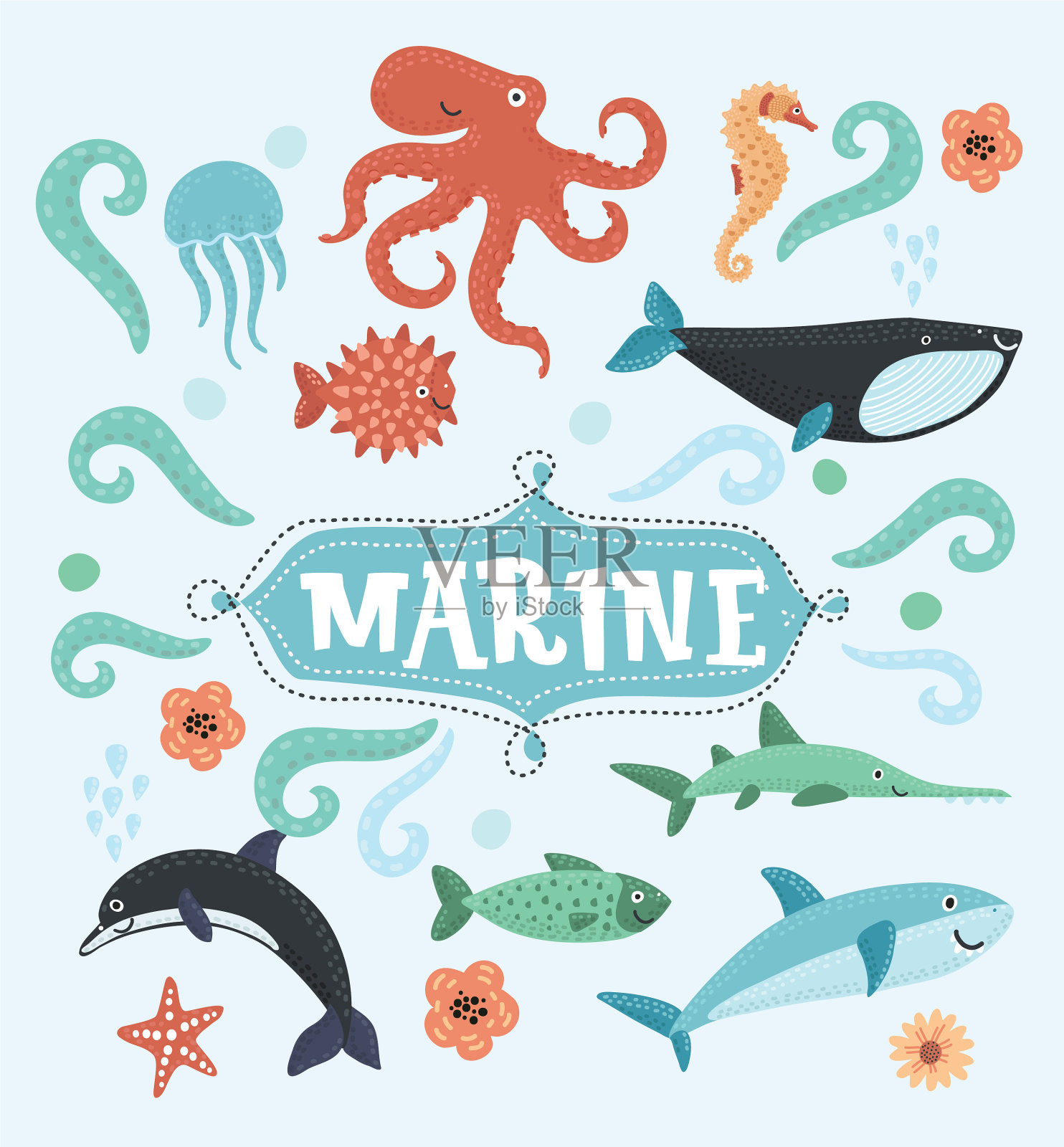 海洋动物和鱼的图标插画图片素材