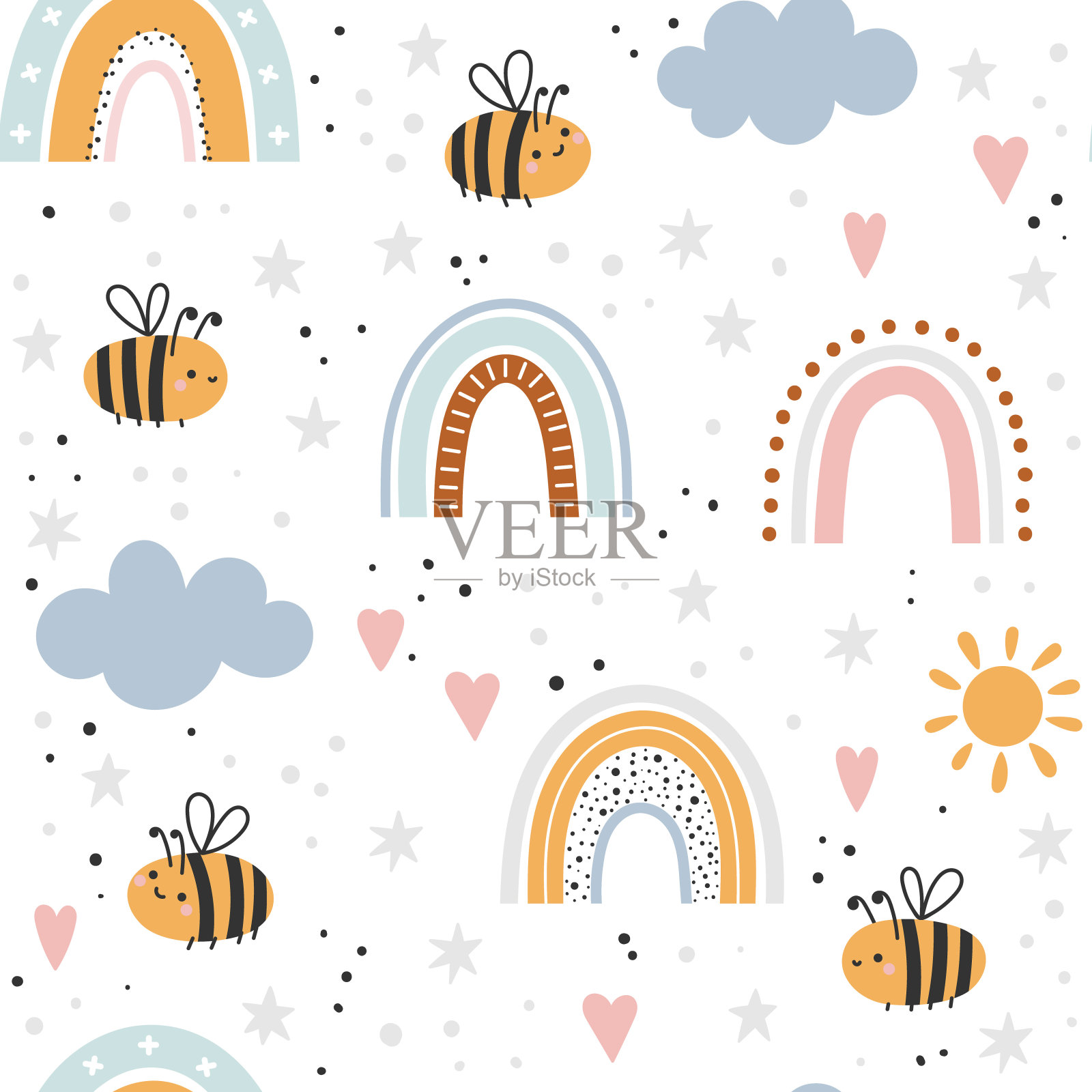 有趣的蜜蜂和彩虹无缝图案插画图片素材