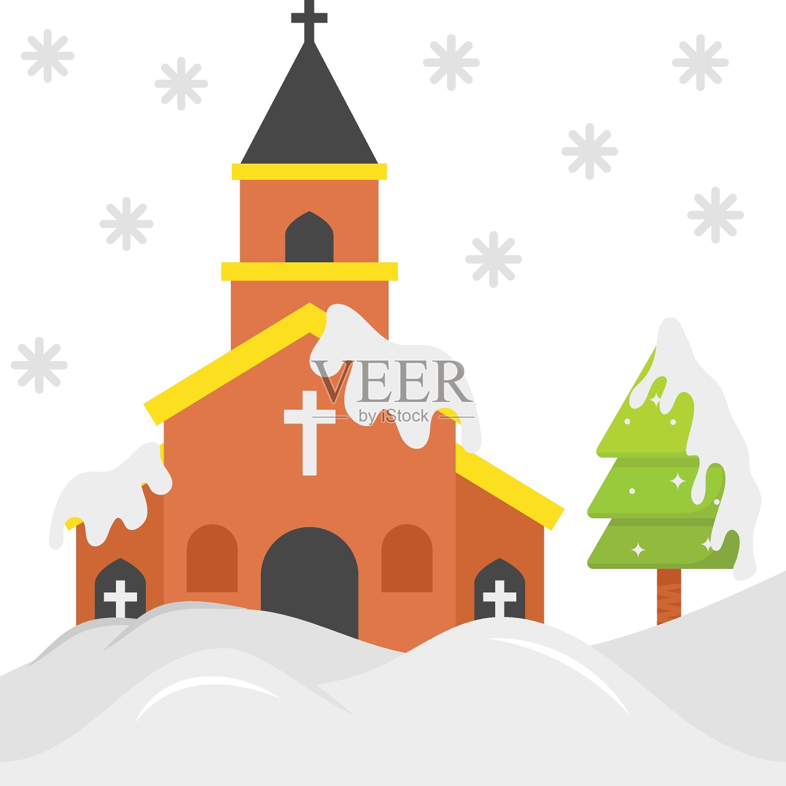 教堂建筑概念，雪与松树向量颜色图标设计，白色背景上的圣诞标志，新年庆祝标志，插画图片素材