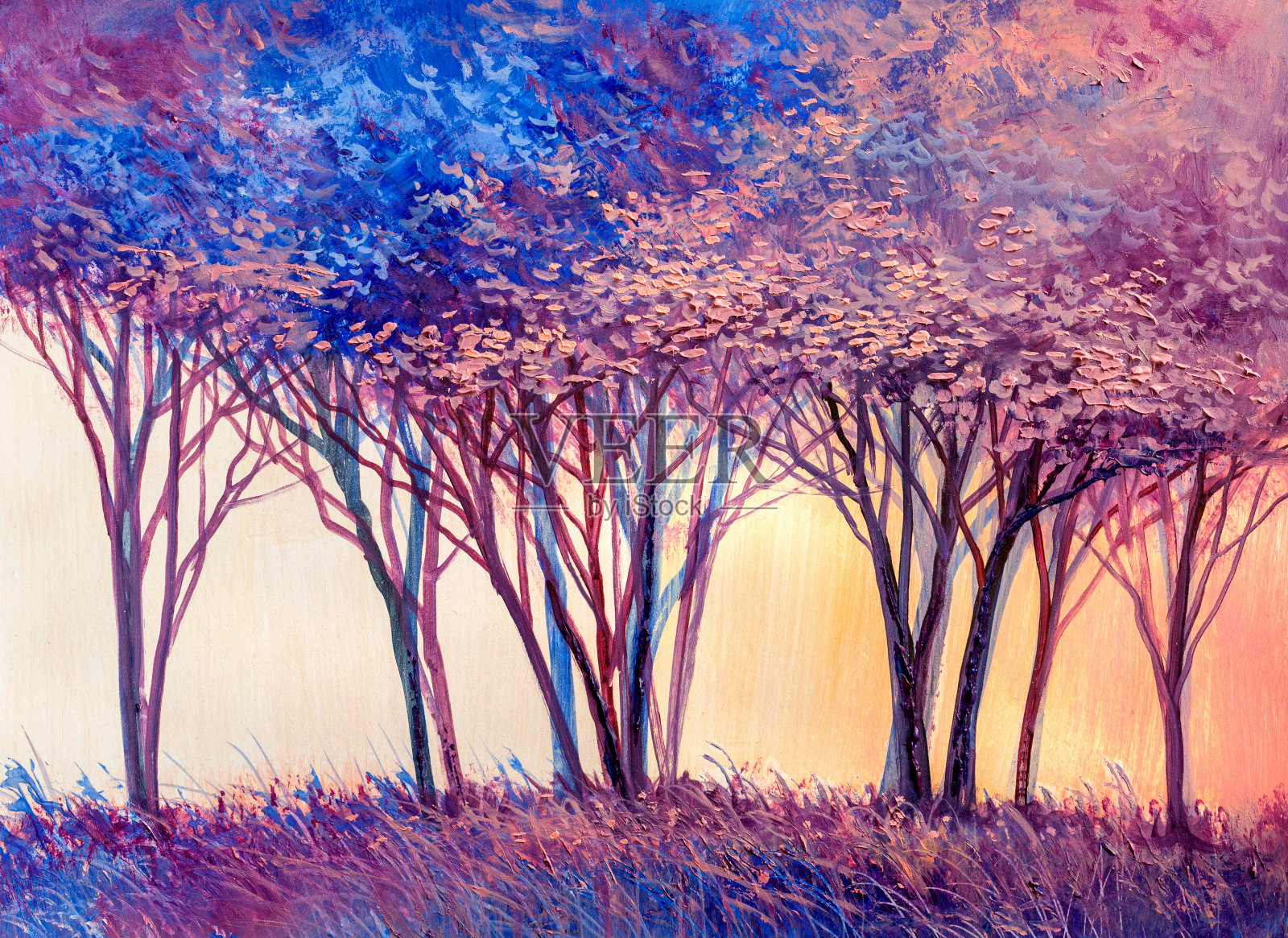 油画风景，彩绘树木。手绘印象派。插画图片素材
