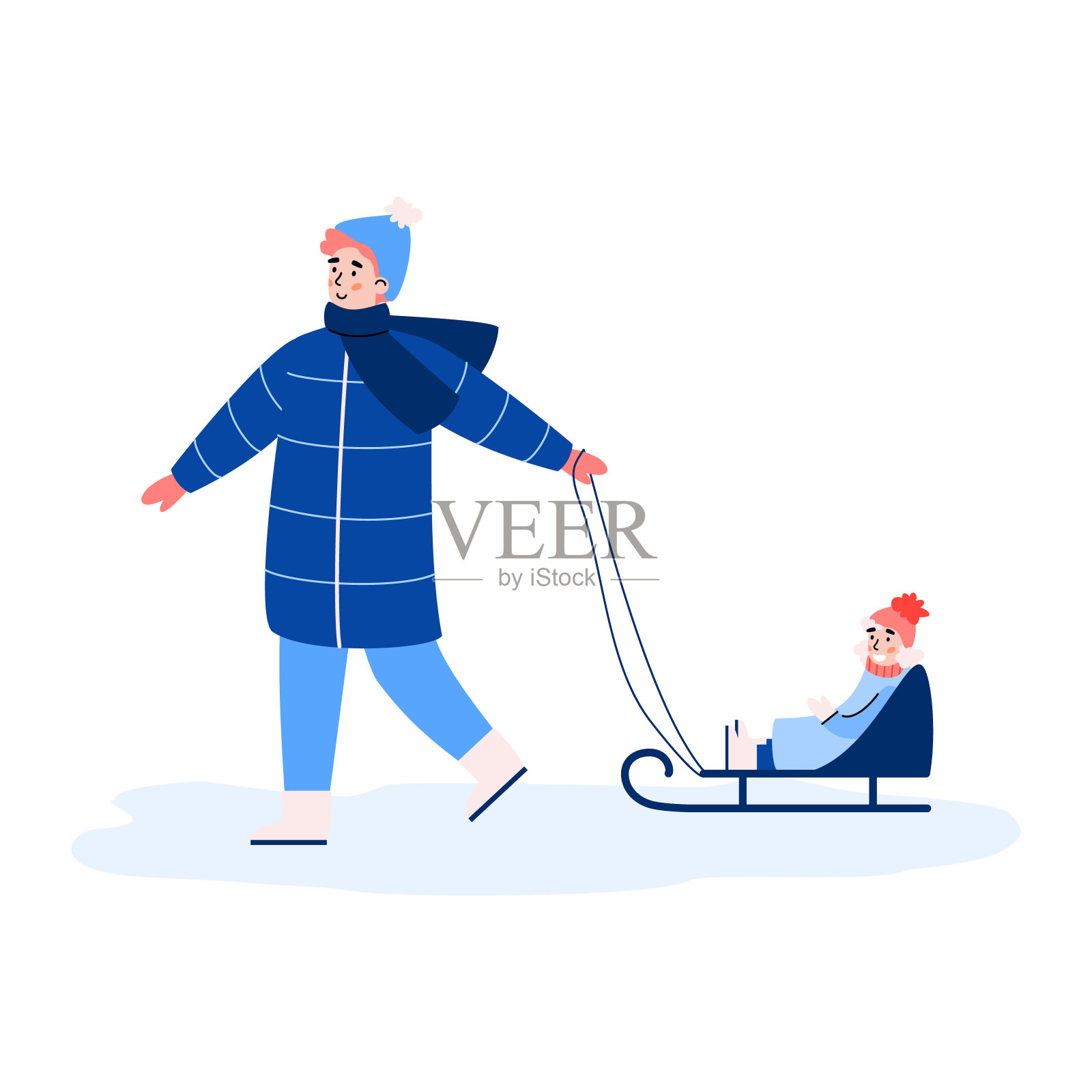 父母拉着一个快乐的微笑的女孩坐在雪橇上的矢量插图插画图片素材
