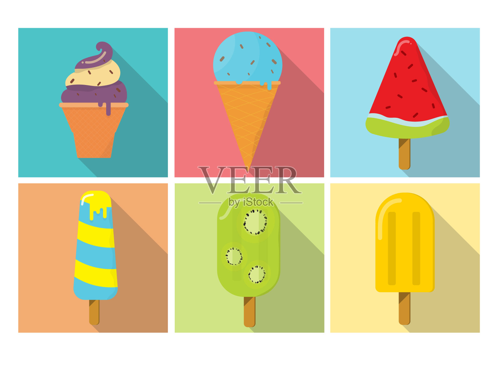各种形状的冰淇淋在广场上有阴影插画图片素材
