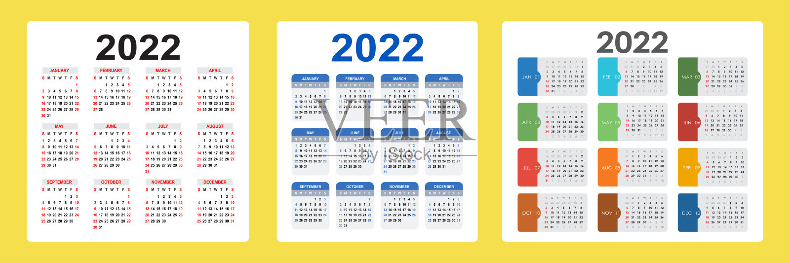 2022年日历设置。一周从周日开始。基本的网格设计模板素材