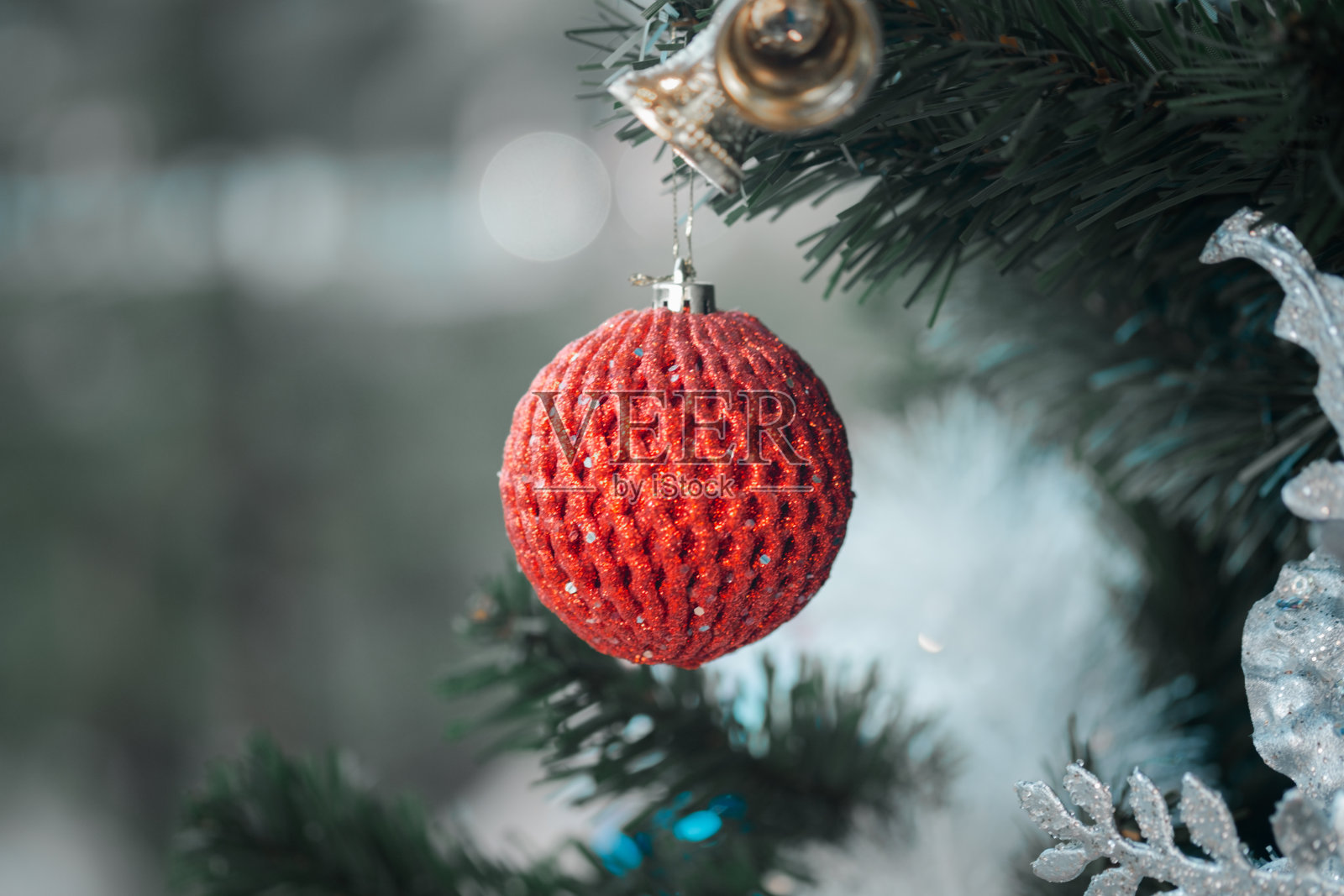 红球挂在圣诞树上的特写照片摄影图片
