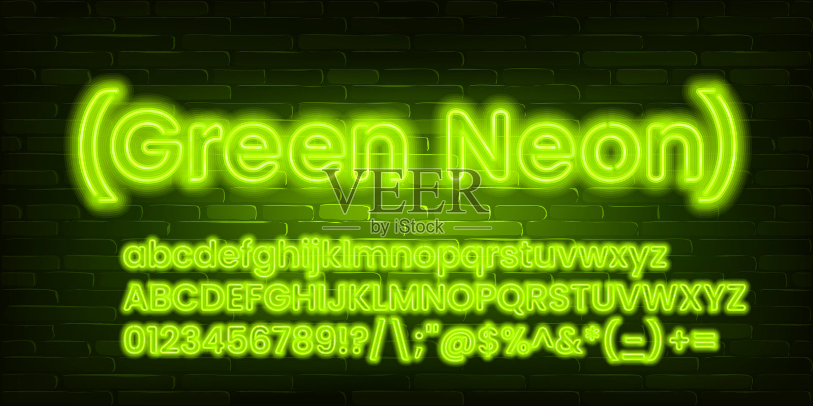 绿色氖气字母字体。霓虹灯加粗的字母，数字和符号。大写和小写字母。插画图片素材