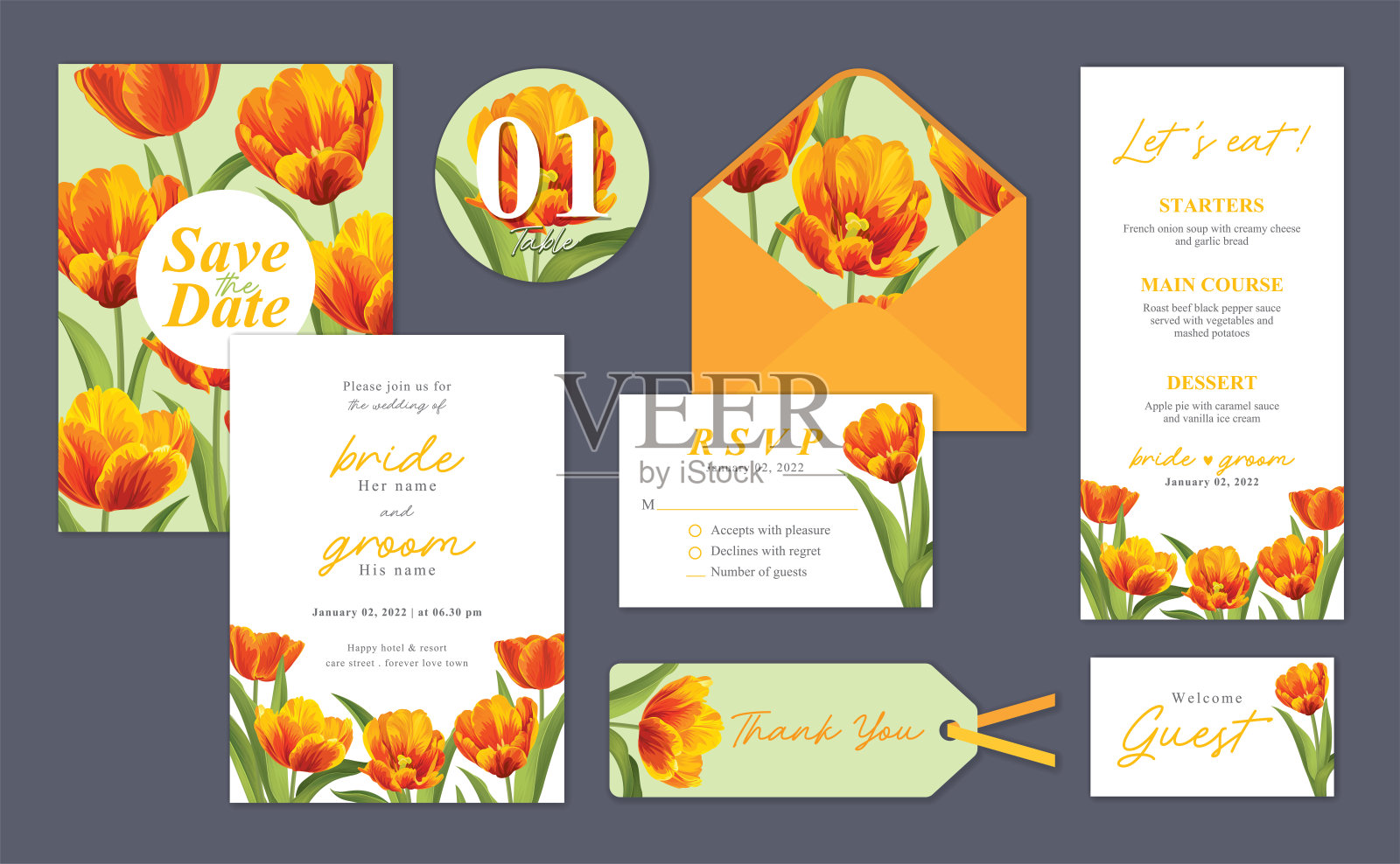 郁金香花的背景模板。矢量集花卉元素婚礼邀请，贺卡，信封，代金券，小册子和横幅设计。设计模板素材