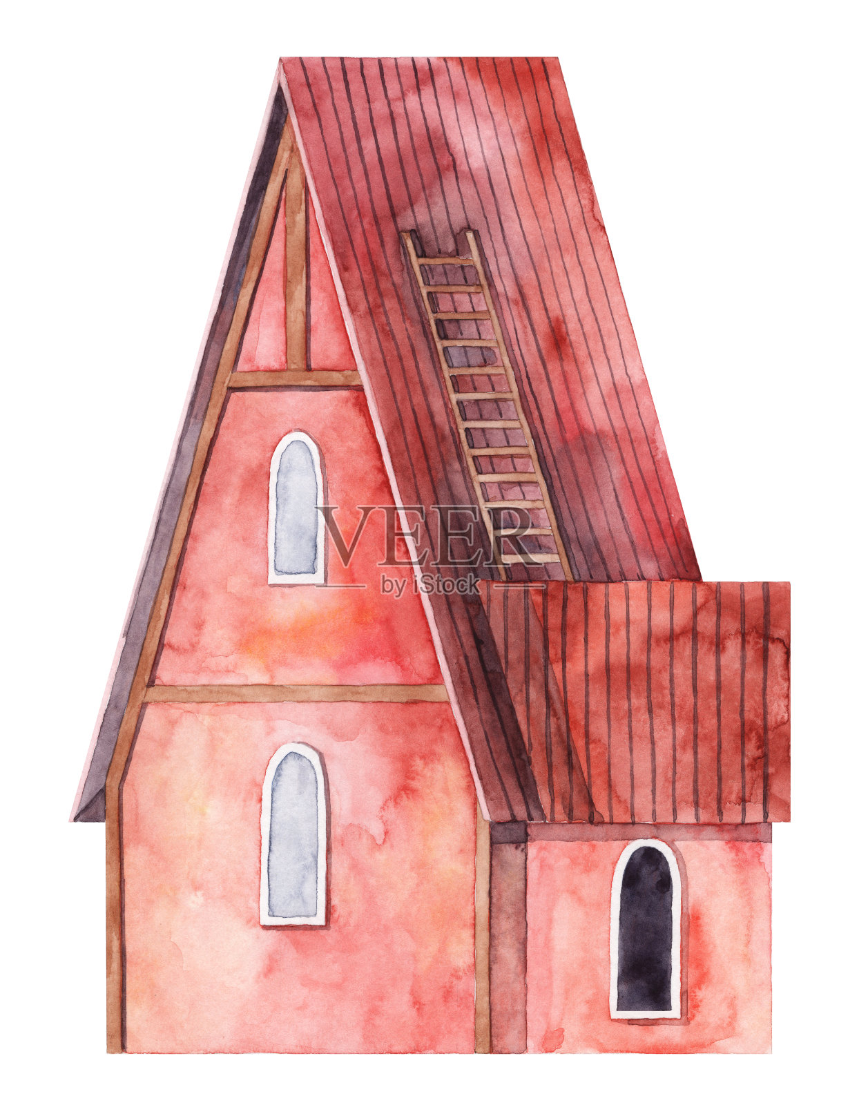 水彩红房子。带梯子的坡屋顶设计元素图片