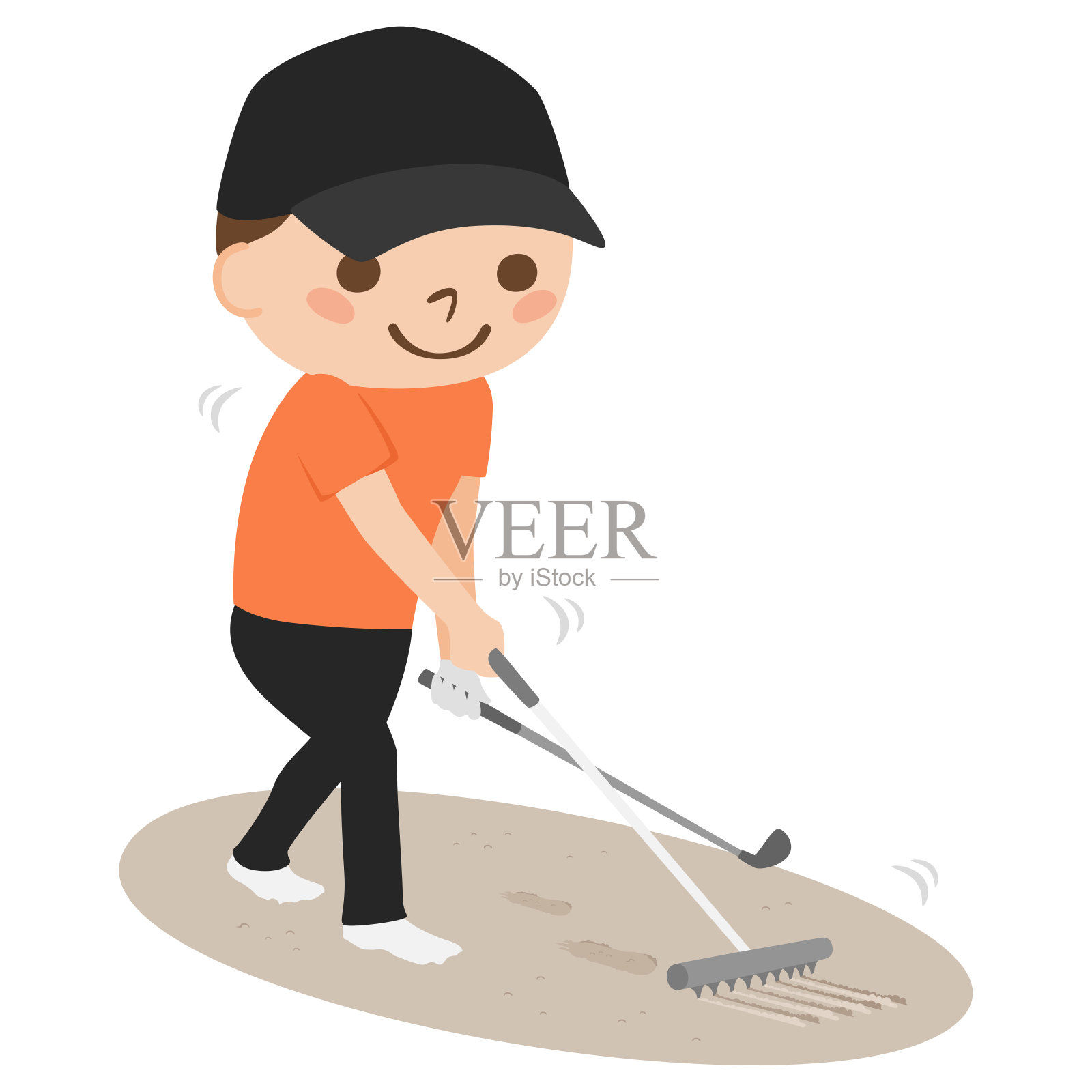 一个年轻人打高尔夫球的插图。男人们用耙子清扫地堡。插画图片素材