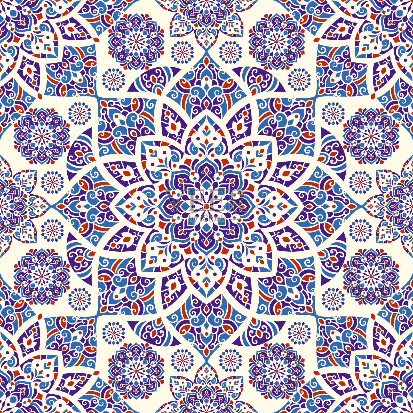 红色和蓝色土耳其无缝图案与豪华花卉装饰。传统阿拉伯语，印度主题。非常适合织物和纺织品，墙纸，包装或任何想要的想法。插画图片素材