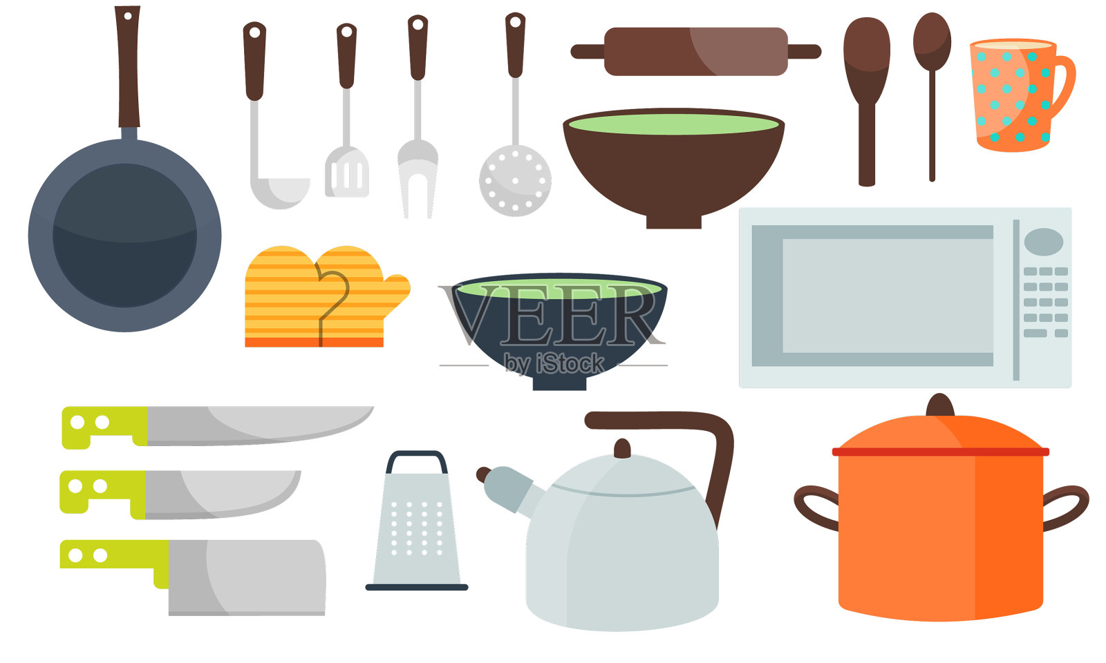 现代各种厨房工具平面图标设置标志图标素材