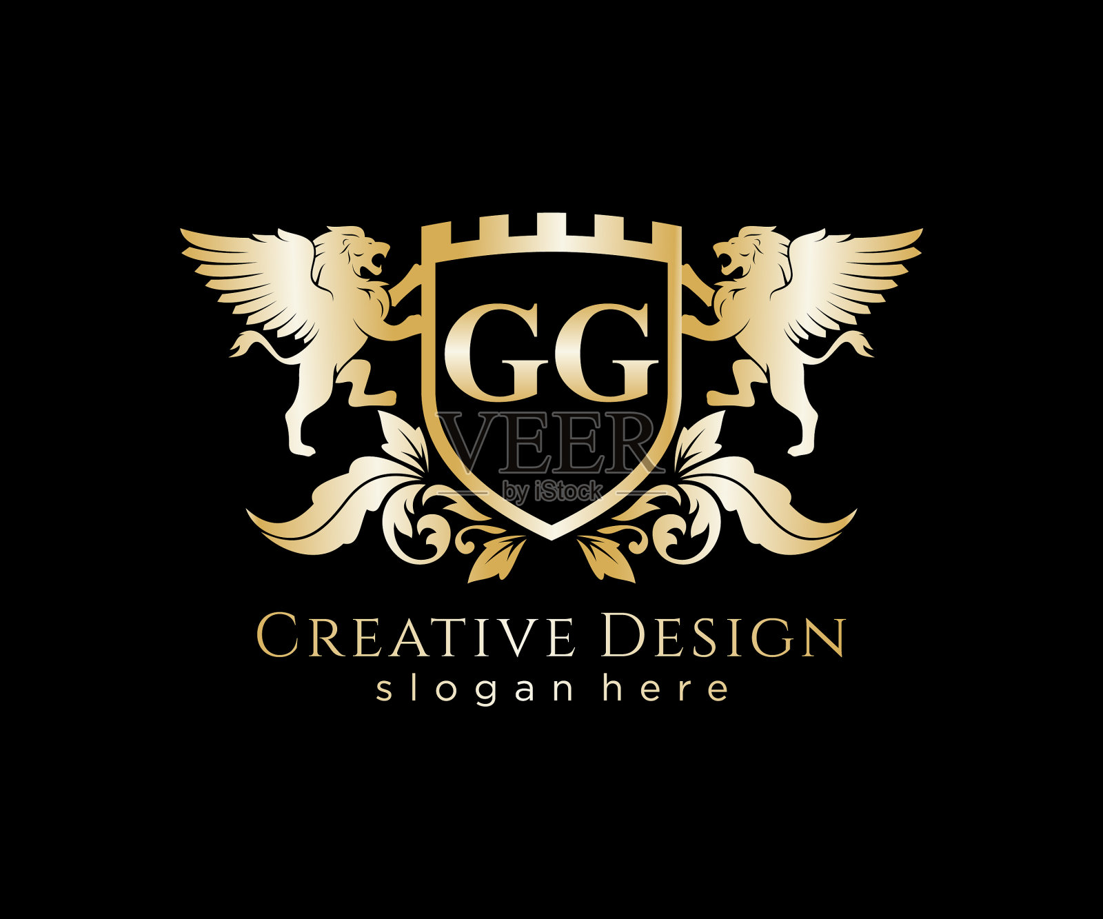 Gg字母首字母与狮子皇家标志模板插画图片素材