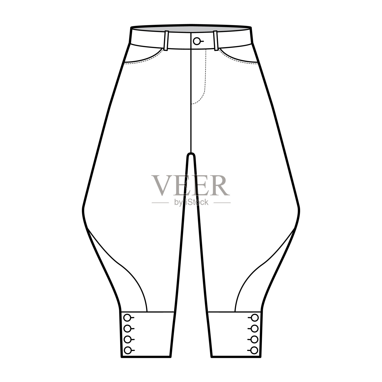 骑马裤短裤技术时尚插图与膝盖长度，低腰，上升，弯曲的口袋，扣插画图片素材