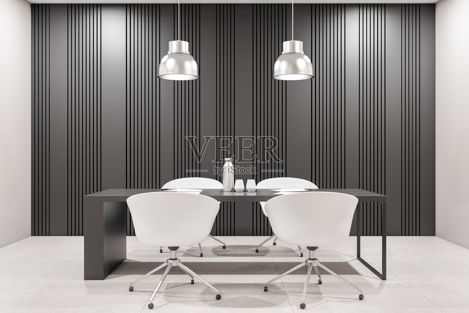 黑色的桌子和白色的椅子在现代会议室，上面有钢灯，黑色的墙壁和大理石地板。三维渲染照片摄影图片