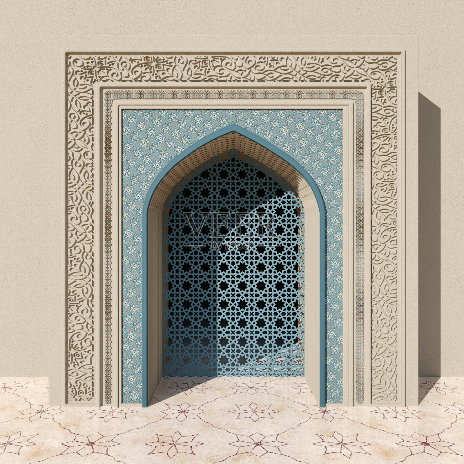 米色清真寺拱门与蓝色花卉和几何图案，石雕和镂空窗。大理石瓷砖地板上的花卉图案照片摄影图片