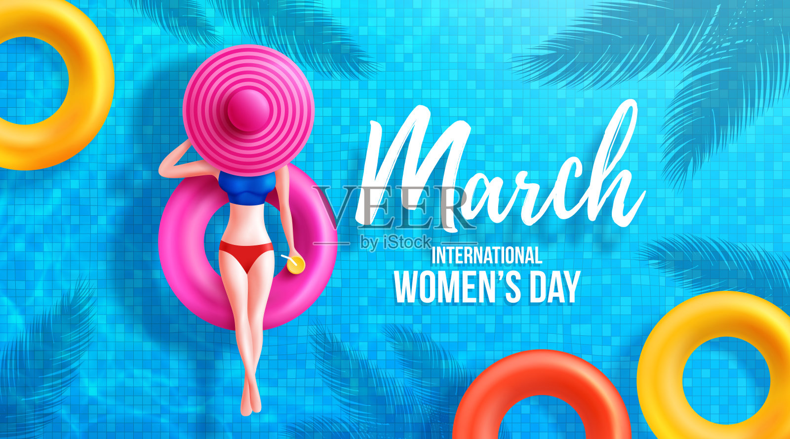 8马赫妇女节海报或横幅由象征8从妇女在圆形游泳池浮和大帽子在游泳池。促销和购物模板为妇女节和夏季概念。矢量插图EPS10插画图片素材