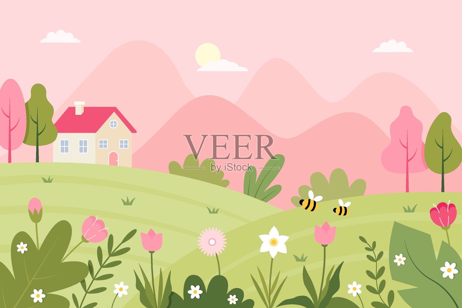 有可爱的房子，蜜蜂和鲜花的春天景观插画图片素材