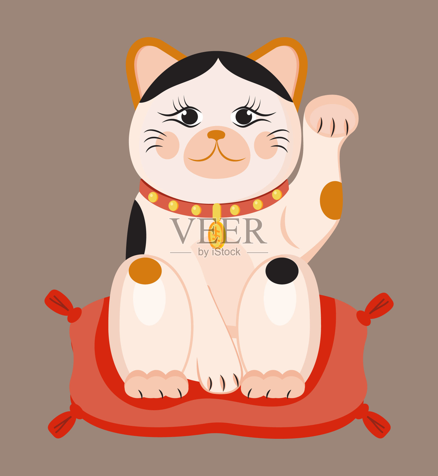 在棕色背景上孤立的Maneki neko向量。日本传统文化中的幸运猫。扁平风格的护身符或吉祥物象征。插画图片素材