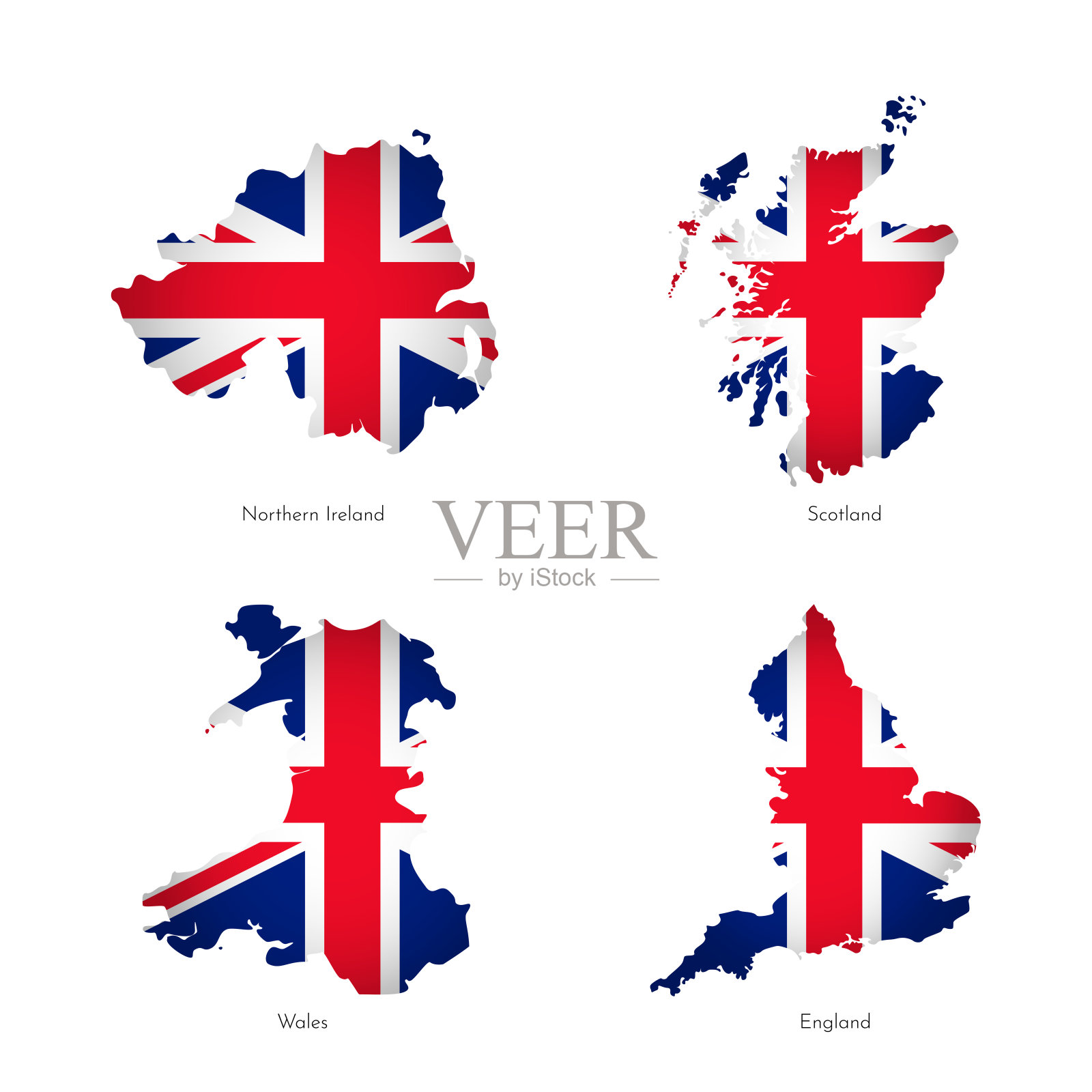 矢量插图与简化地图的地区联合王国(苏格兰，英格兰，北爱尔兰，威尔士)。带有十字的英国国旗。英国国旗插画图片素材