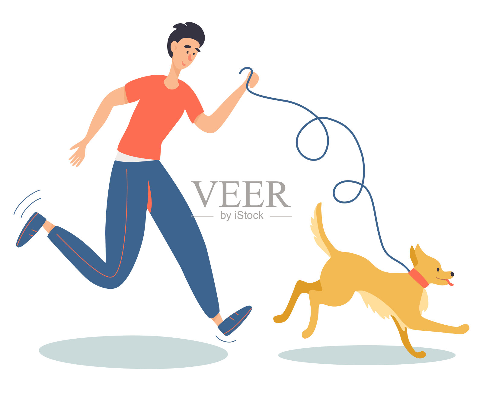快乐的年轻人和狗在户外奔跑。人类最好的朋友。插画图片素材