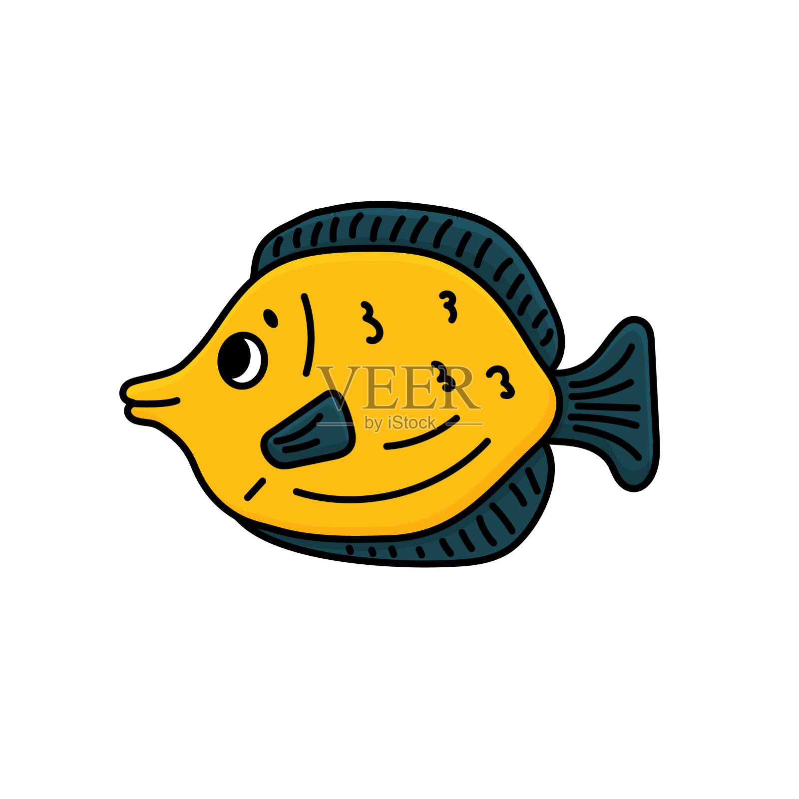 黄色矢量卡通唐鱼。轮廓动物被隔离在白色背景上。眼睛和嘴是可见的插画图片素材