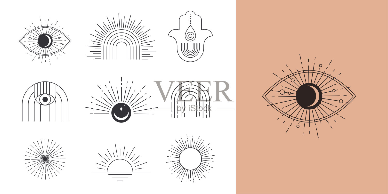 波希米亚线性标志，图标和符号，太阳设计模板，几何抽象设计元素的装饰。插画图片素材