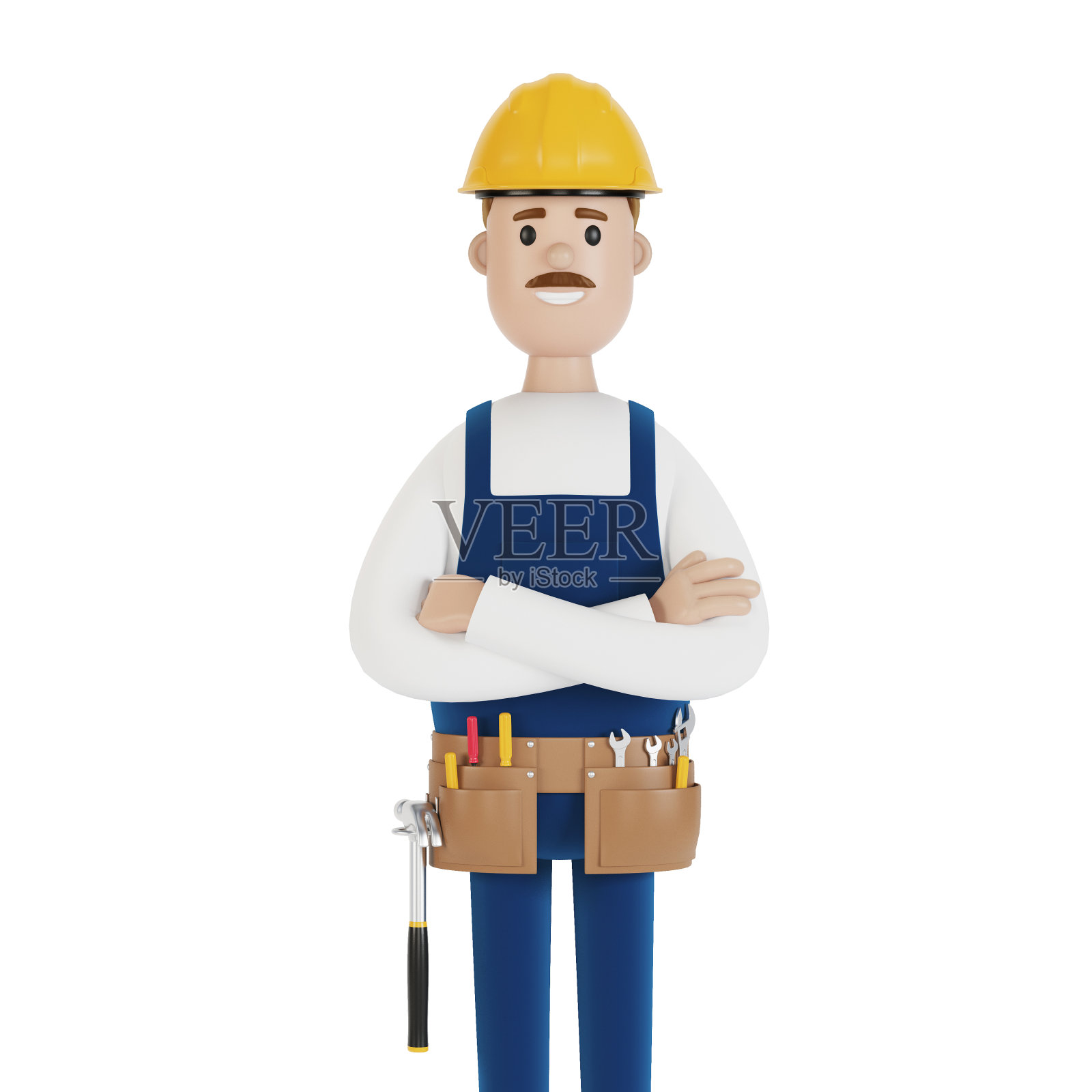 建筑工人戴着头盔，戴着工具。建筑工人。3D插图卡通风格。照片摄影图片