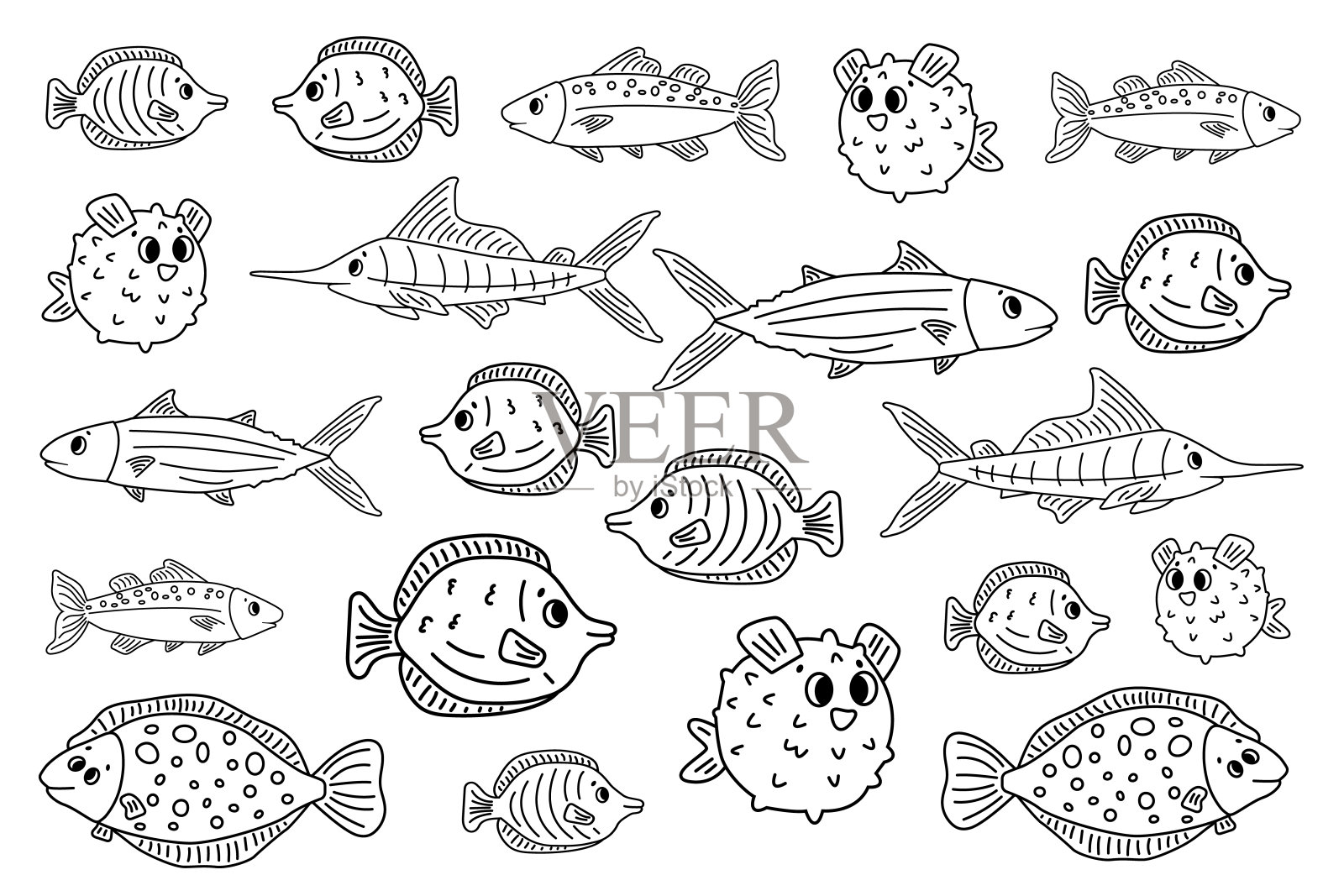套轮廓黑白不同的卡通矢量水下鱼，汤鱼，比目鱼，金枪鱼，海毛刺鱼，马林鱼。涂鸦孤立的动物。插图儿童涂色书或印刷品。插画图片素材