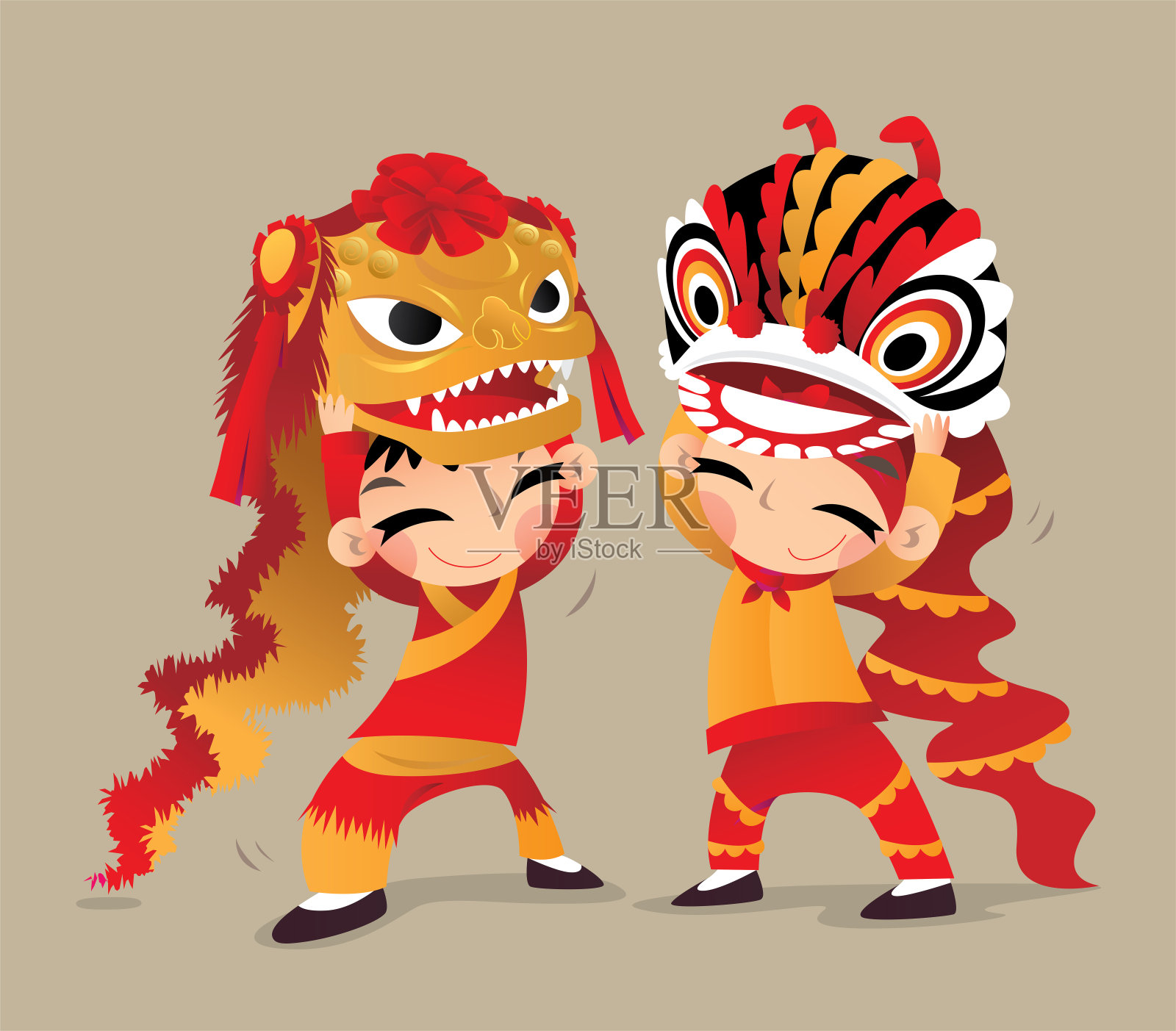 两个中国孩子表演北方和南方的舞狮插画图片素材