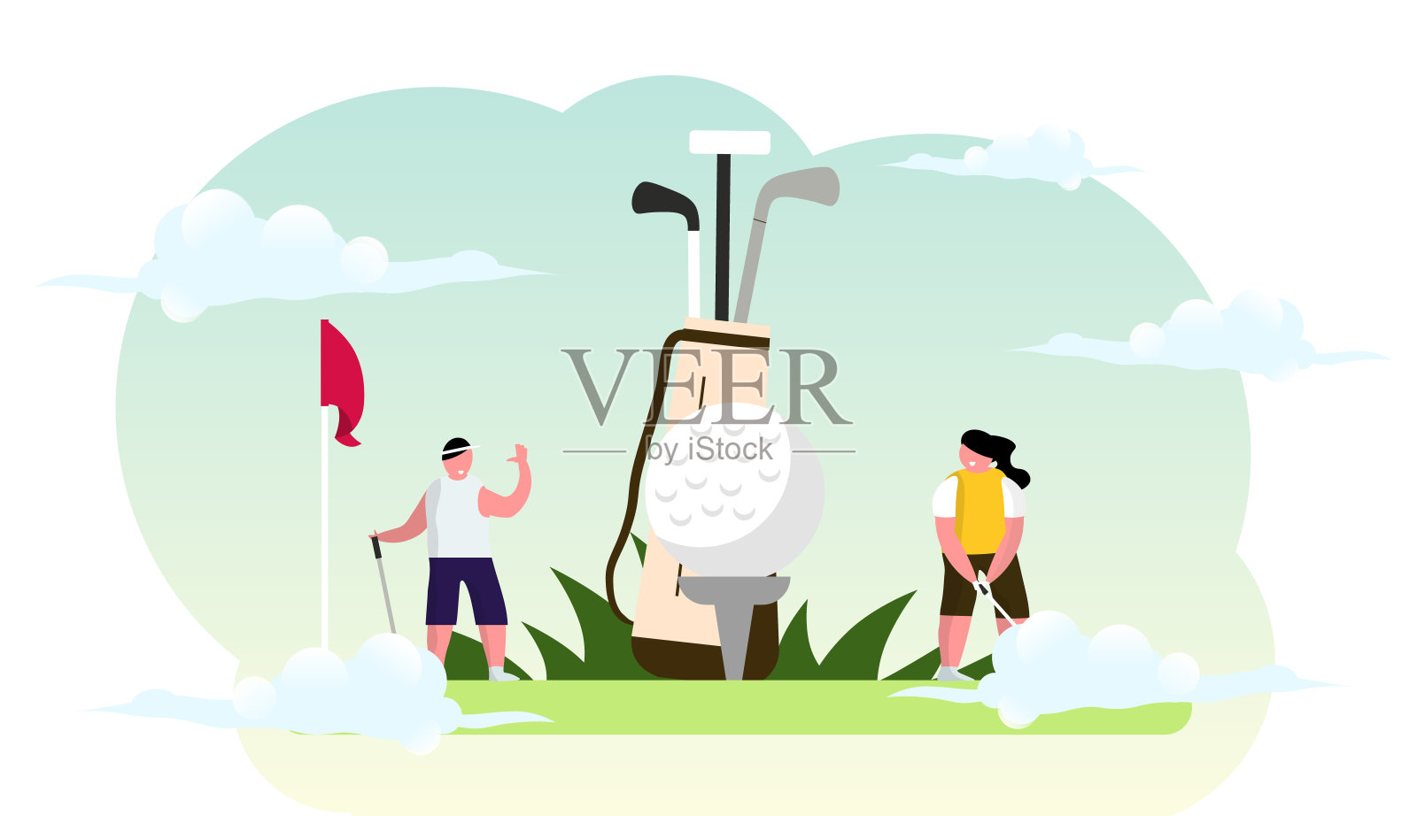 快乐的人们在夏天的高尔夫球场放松在高尔夫俱乐部。夏季爱好和娱乐矢量插图。插画图片素材