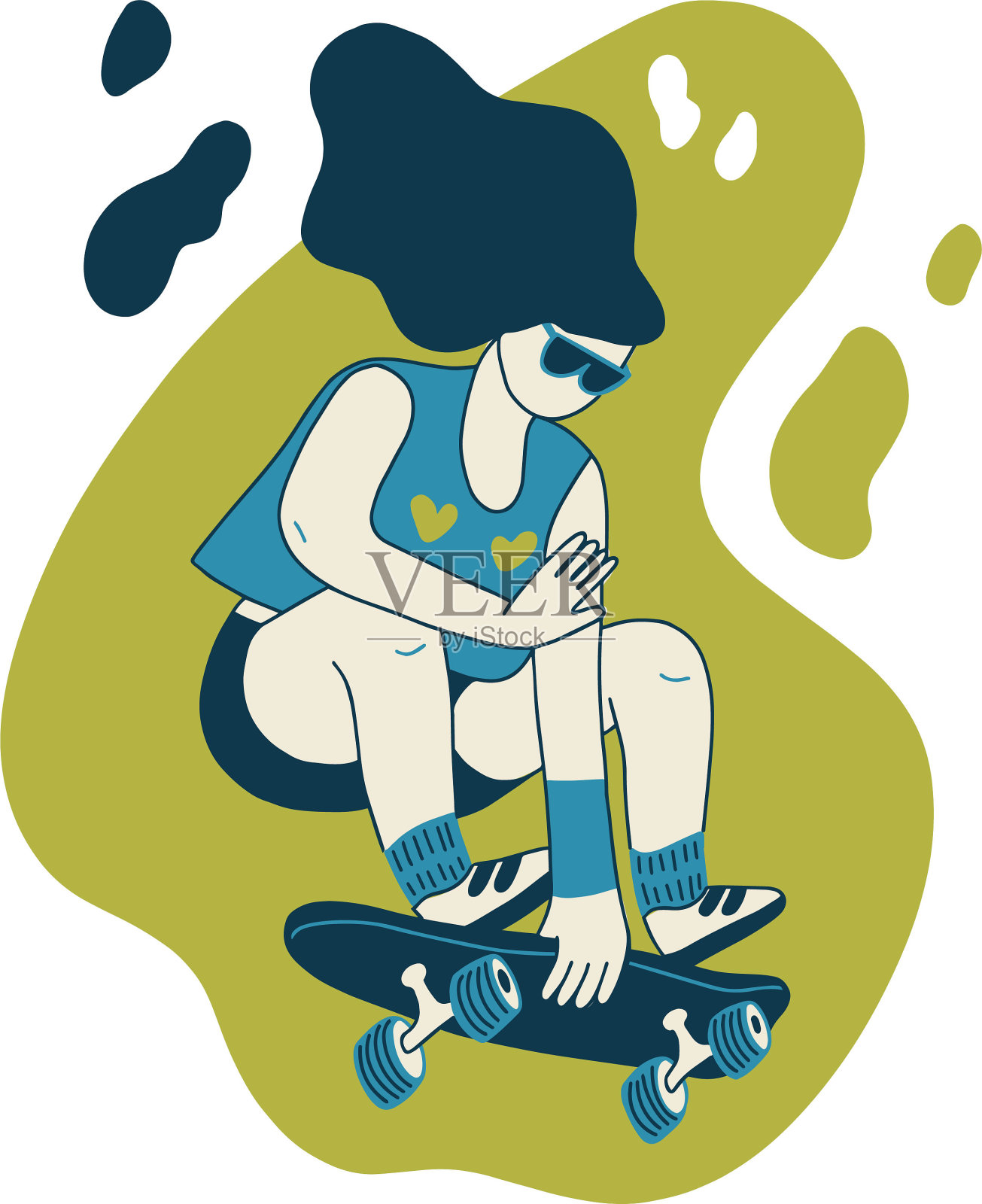 长发女孩在滑板上跳跃，用她的手拿着滑板，在绿色背景上插画图片素材
