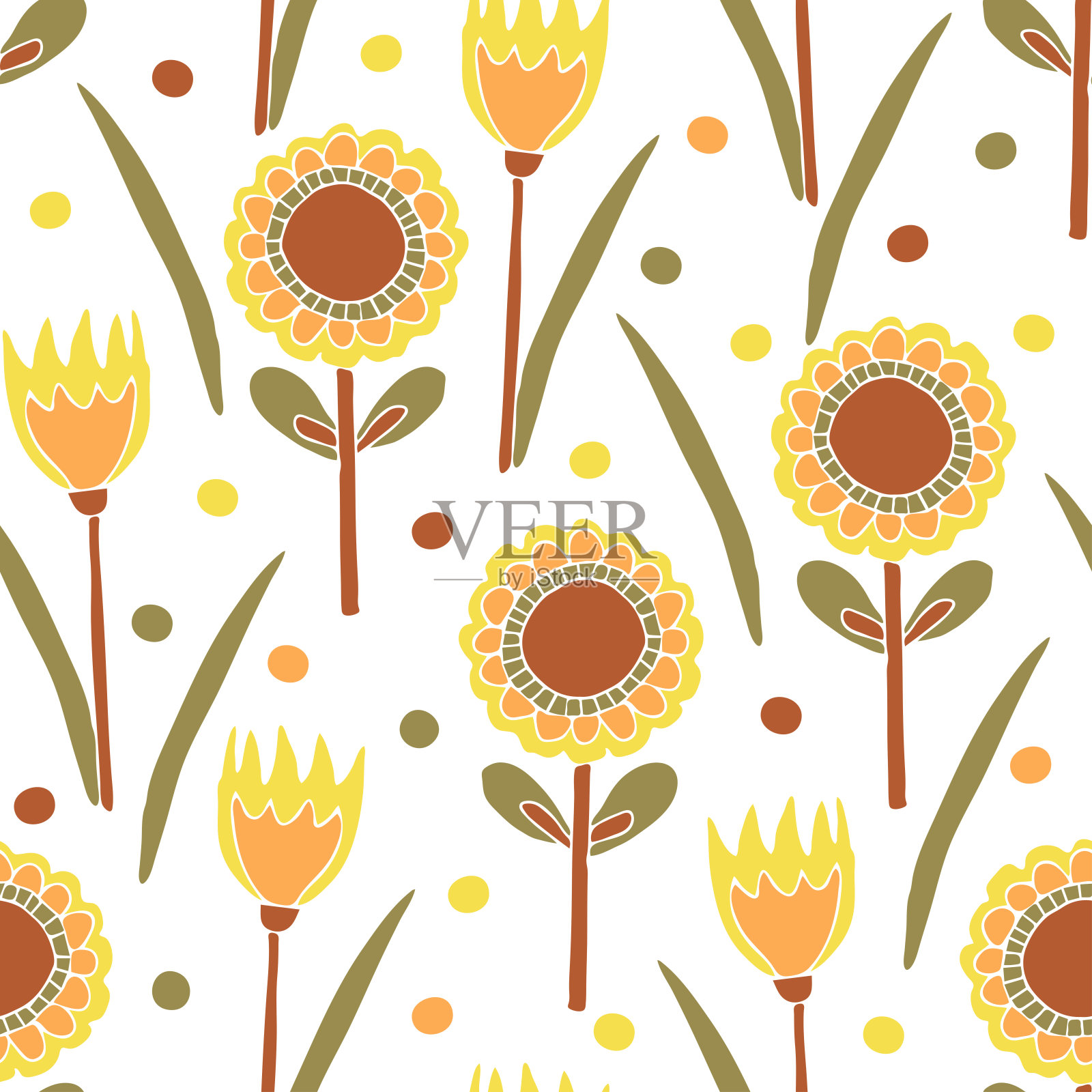 白色背景上的郁金香和向日葵重复矢量图案。简单的手绘花卉墙纸设计。夏季草甸时尚纺织品。插画图片素材