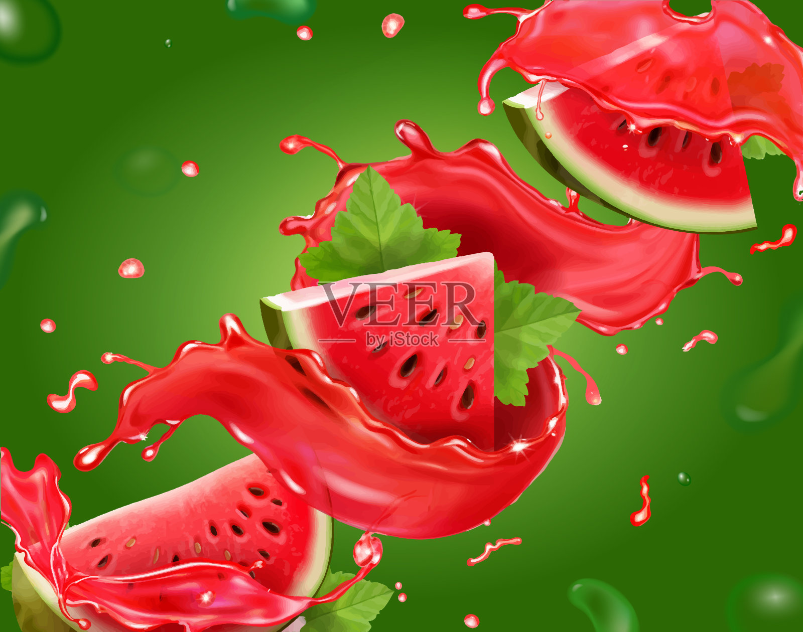 绿色背景上的西瓜汁。新鲜的西瓜片。3 d现实的向量插画图片素材