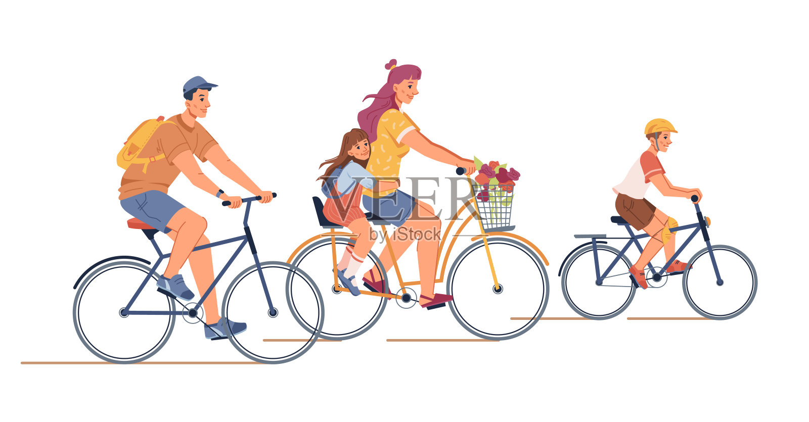 父母和孩子骑自行车孤立的人平卡通。向量妈妈，爸爸，儿子和女儿一起骑自行车玩。健康的自行车手业余爱好体育活动，活跃的人设计元素图片
