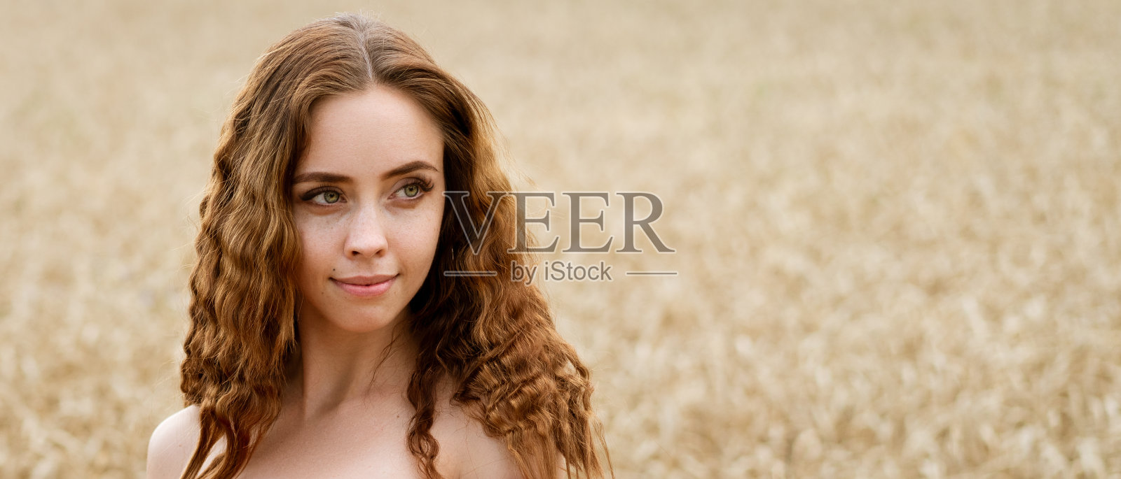 一个年轻女子的肖像，波浪的头发在麦田里。天然化妆品的概念照片摄影图片
