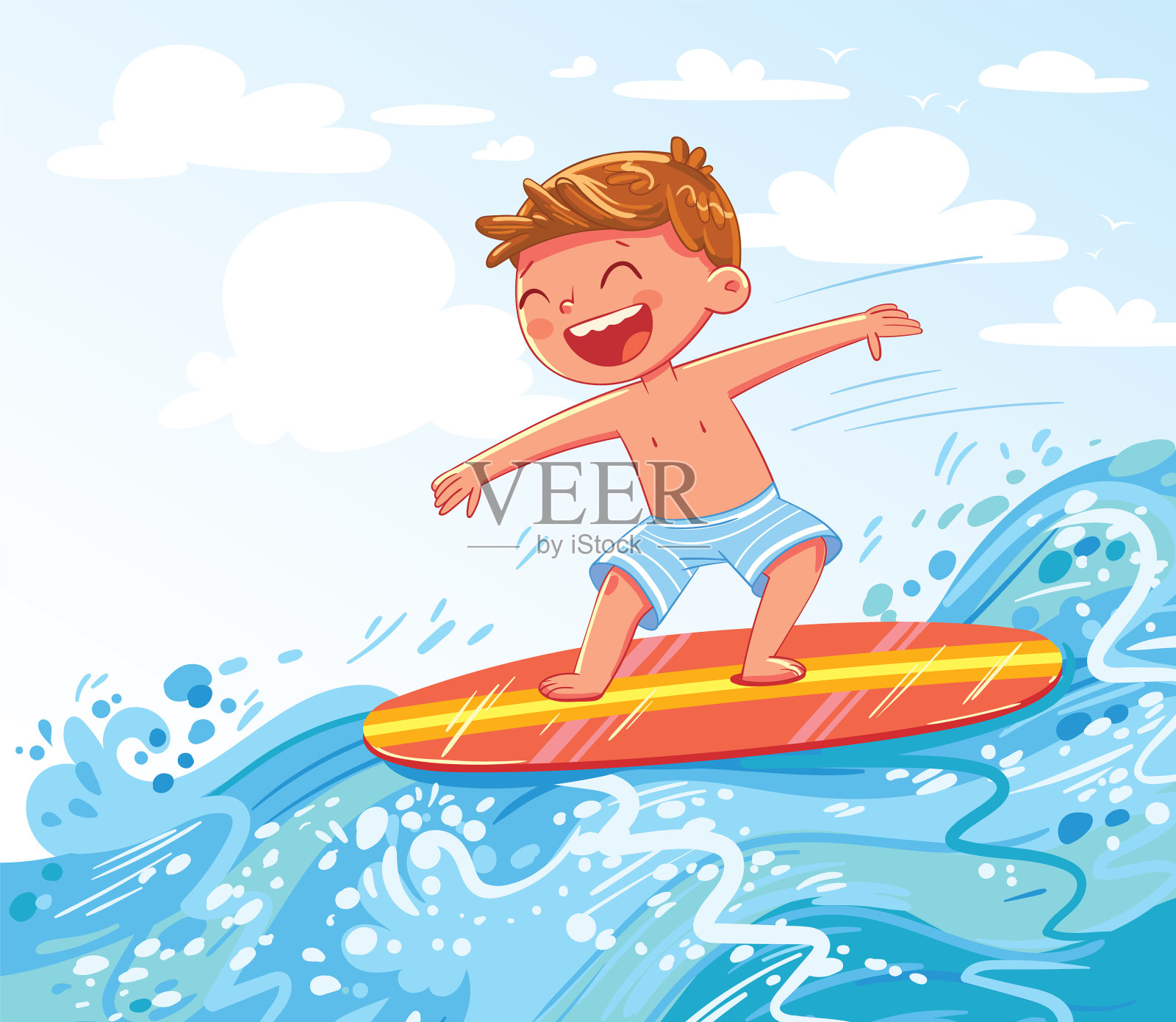男孩在海上冲浪插画图片素材