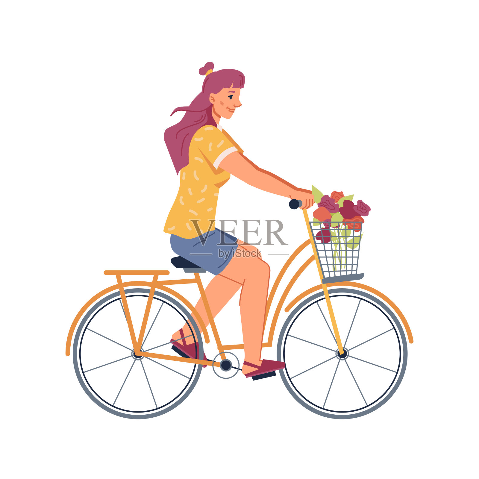 骑自行车的女人孤立扁平卡通人。矢车手骑着自行车在花篮里装饰。健康的生活方式，积极骑自行车的人享受骑山地车插画图片素材