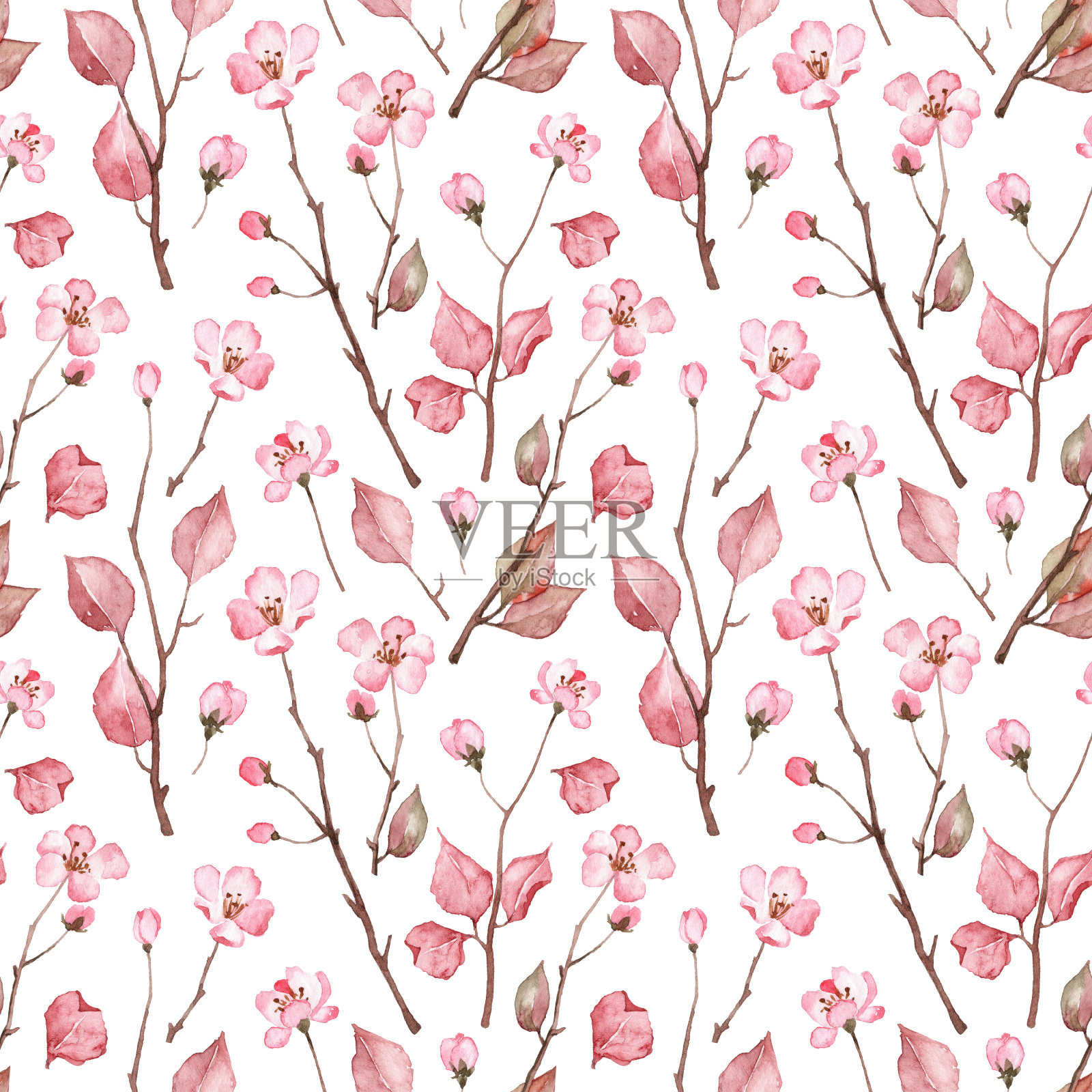 无缝图案与手绘水彩粉色樱花插画图片素材