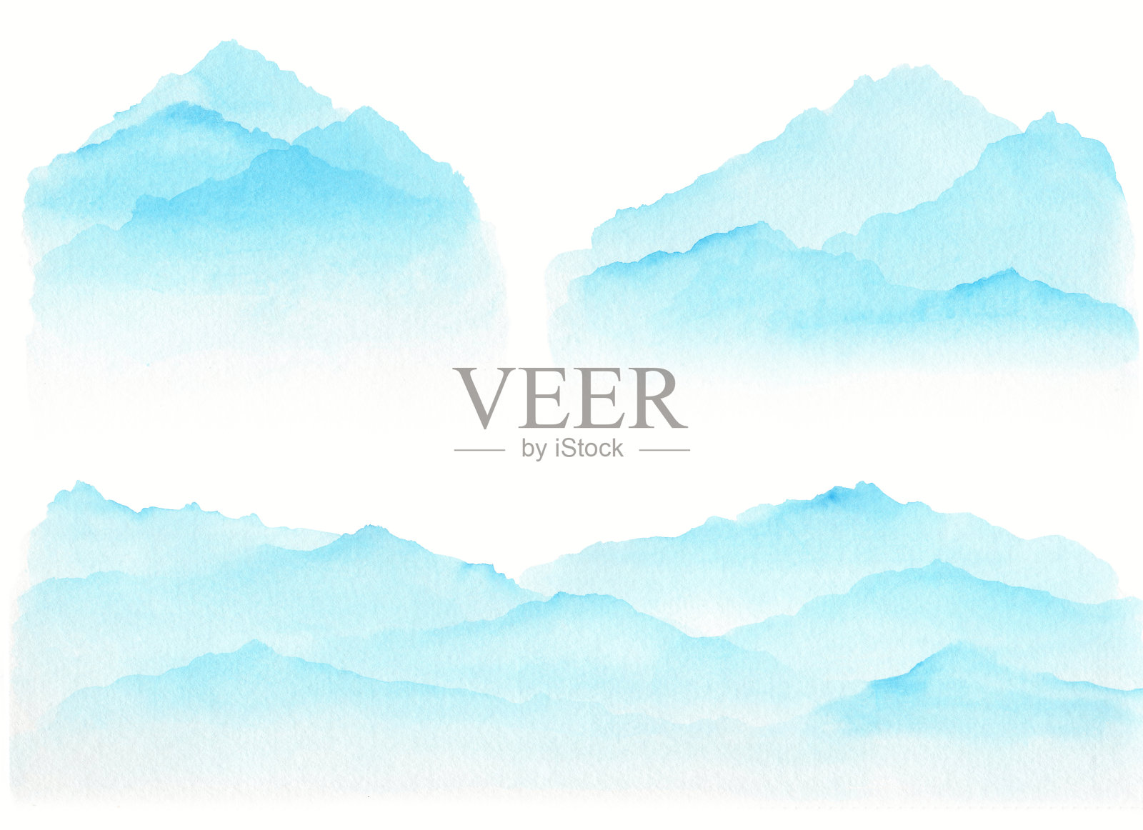 一套抽象的天蓝色水彩波山在白色的背景插画图片素材