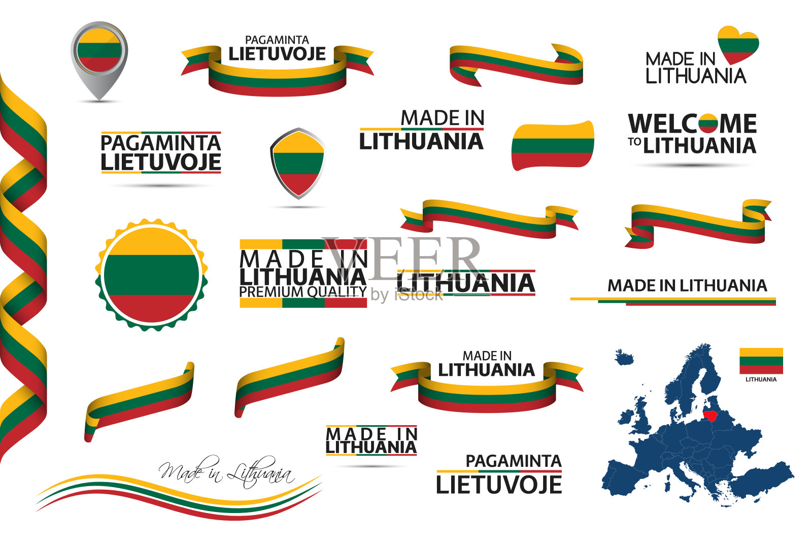 立陶宛丝带，标志，图标和旗帜的大向量集孤立在白色的背景。立陶宛制造，优质，爱尔兰国家三色旗。设置您的信息图和模板插画图片素材