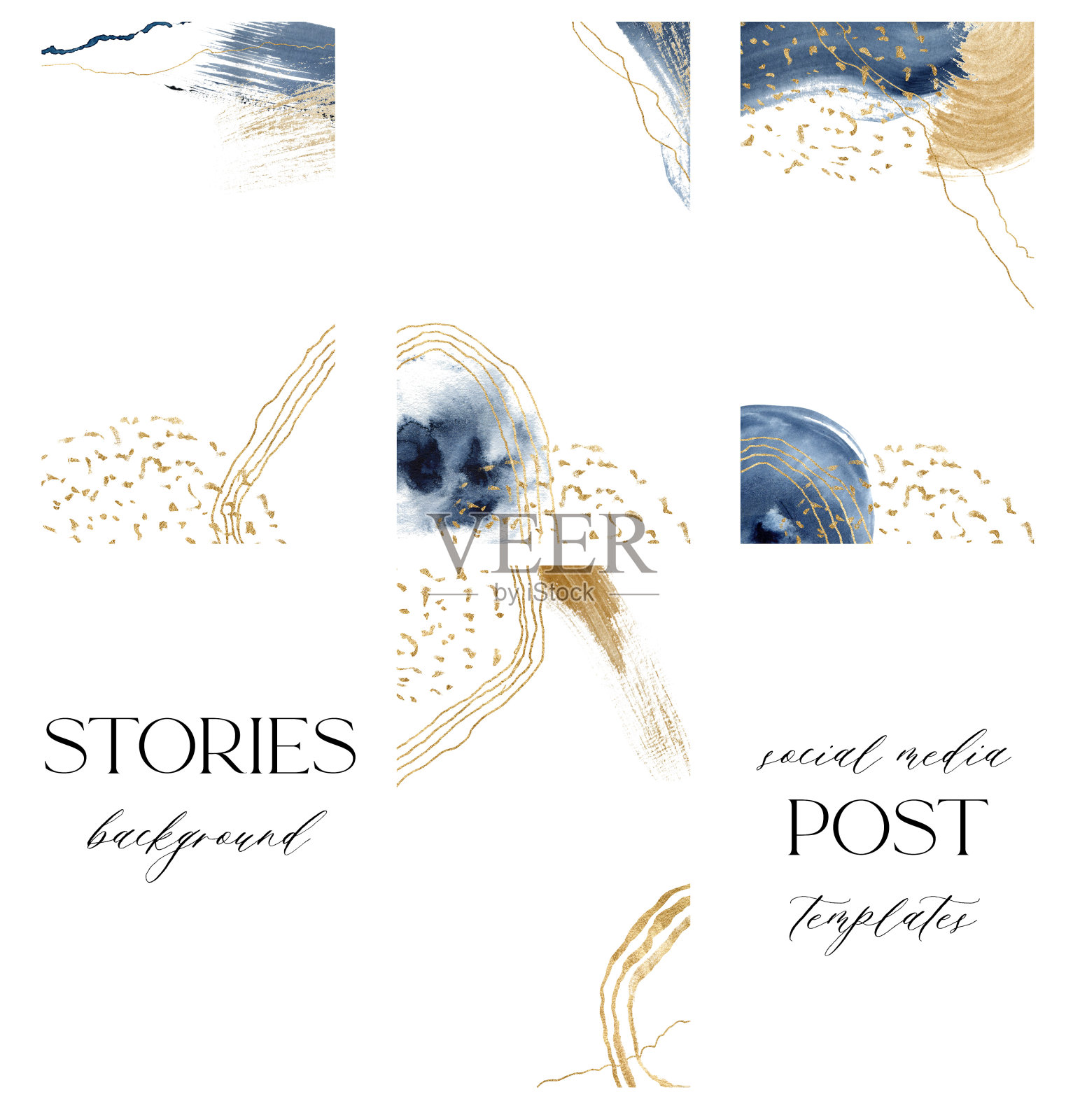 水彩蓝色和金色抽象卡片的故事。带有海洋纹理的手绘水下社交媒体卡片。海洋插图设计，印刷，织物或背景。插画图片素材
