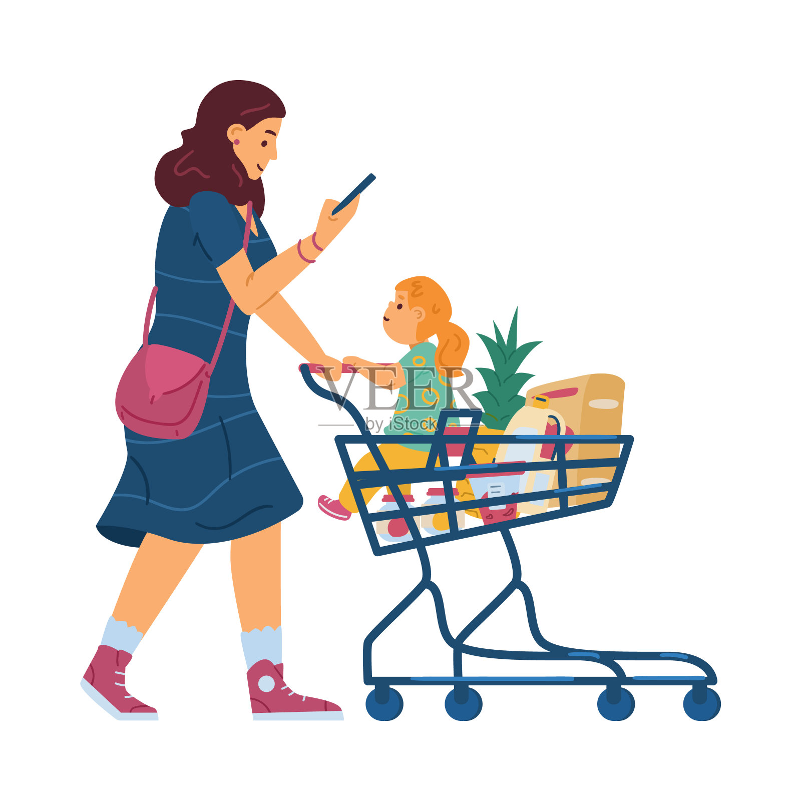 妇女带着孩子在超市购物车里，平媒被隔离。插画图片素材